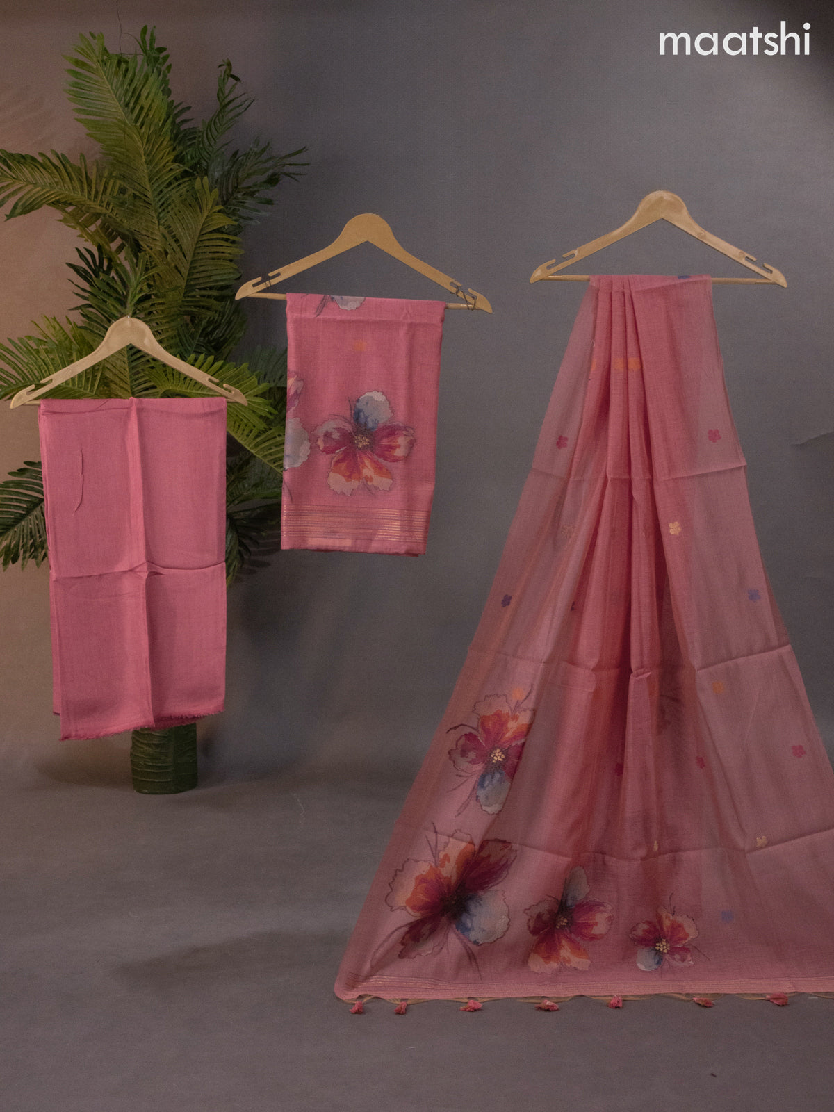 Munga cotton dress material peach pink with thread woven floral design weaves and bottom & thread woven dupatta