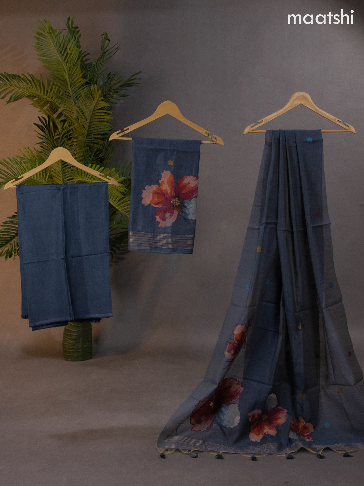 Munga cotton dress material peacock blue with thread woven floral design weaves and bottom & thread woven dupatta