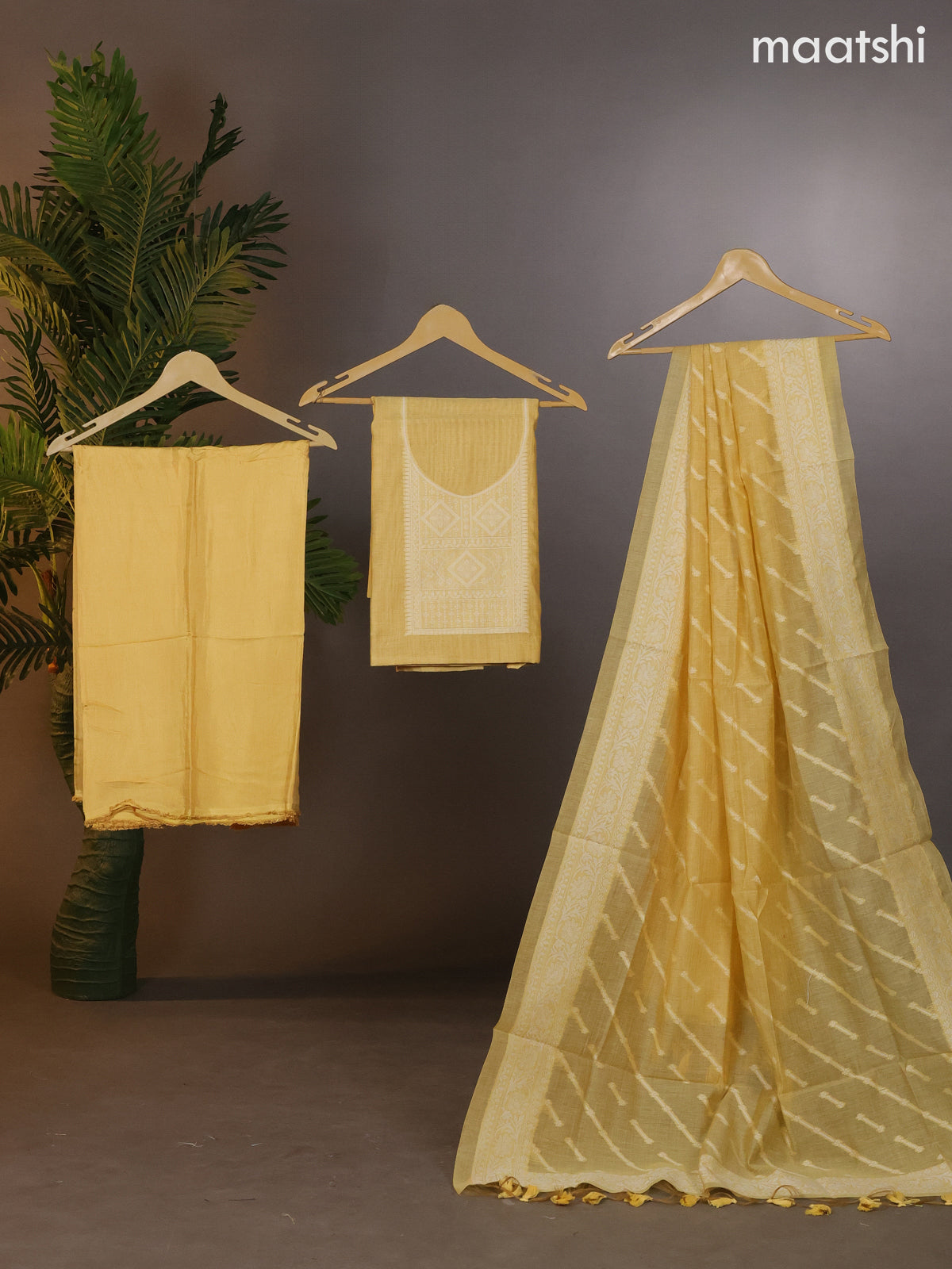 Munga cotton dress material yellow shade with thread woven buttas & simple neck pattern and bottom & thread woven dupatta