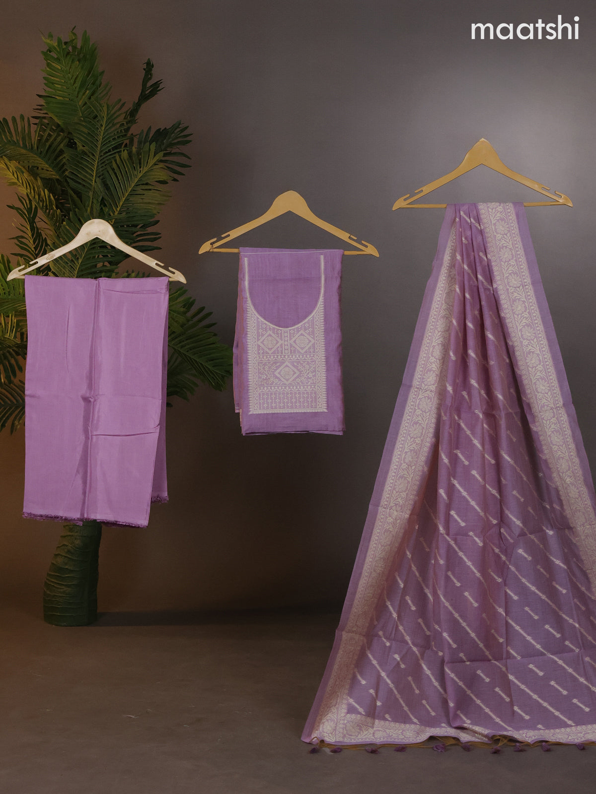 Munga cotton dress material lavender shade with thread woven buttas & simple neck pattern and bottom & thread woven dupatta