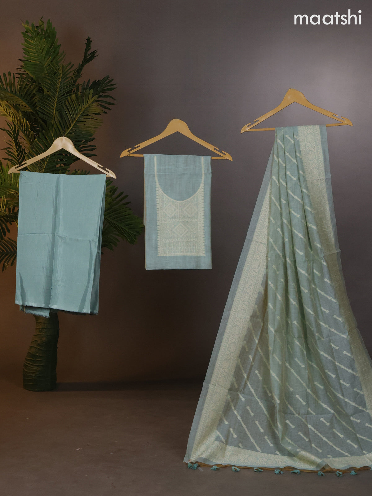 Munga cotton dress material pastel blue with thread woven buttas & simple neck pattern and bottom & thread woven dupatta