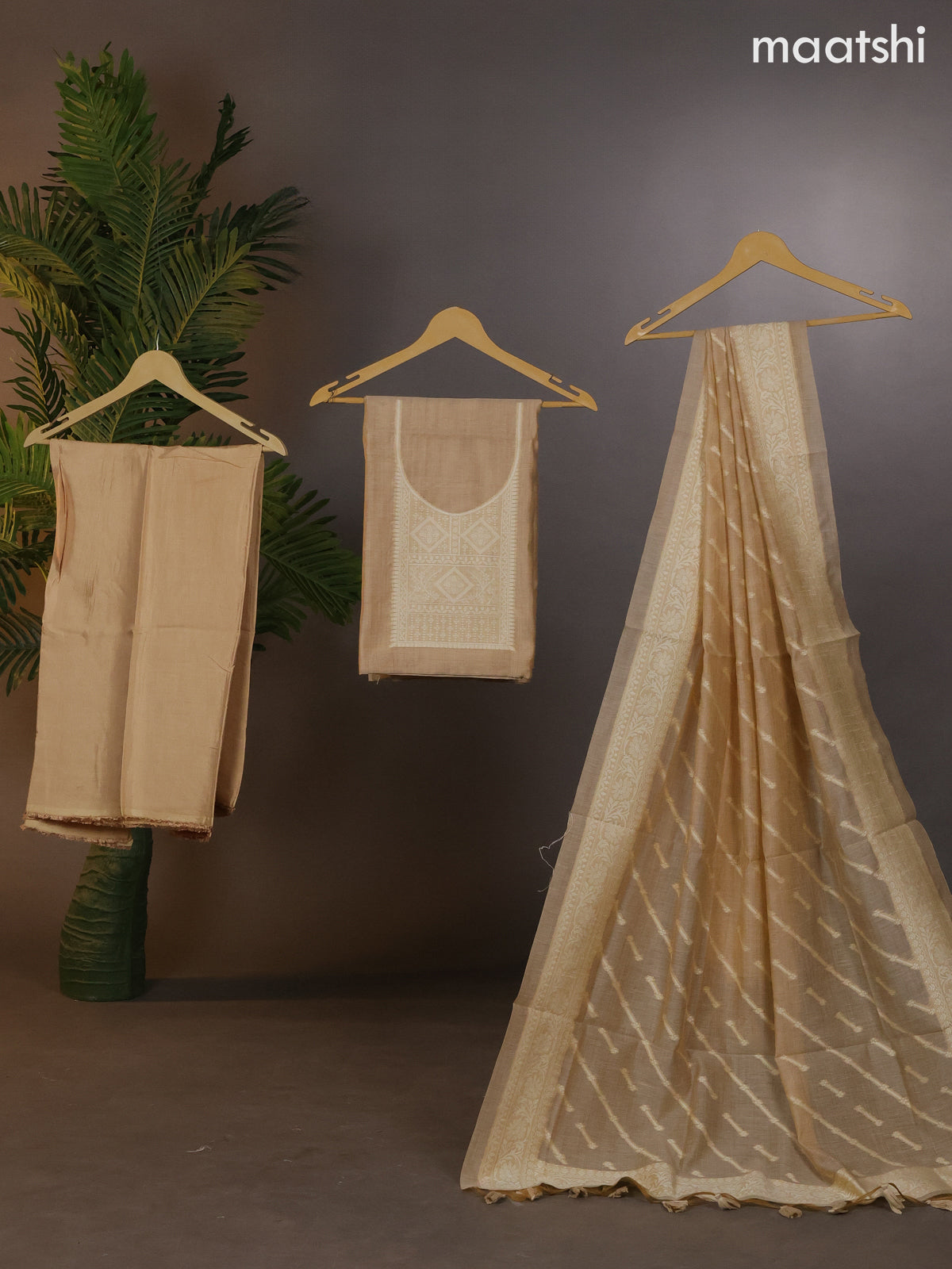 Munga cotton dress material sandal with thread woven buttas & simple neck pattern and bottom & thread woven dupatta
