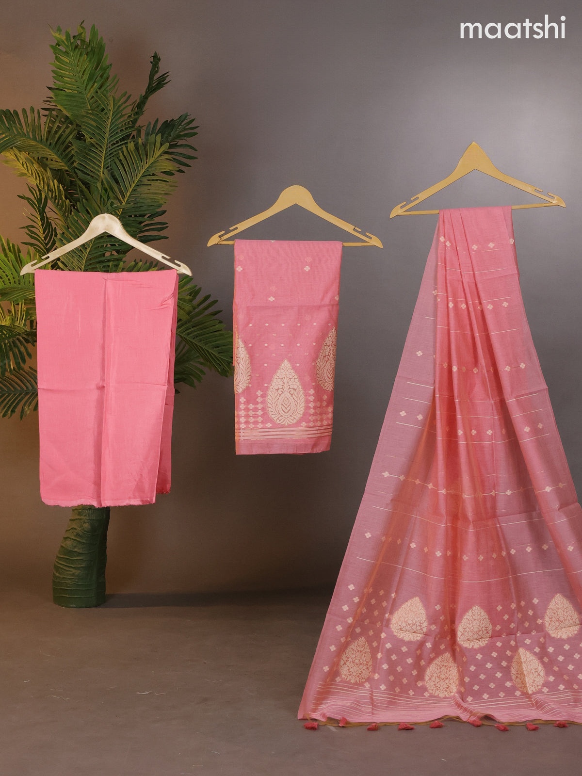 Munga cotton dress material peach pink with thread & zari woven buttas and bottom & thread woven dupatta
