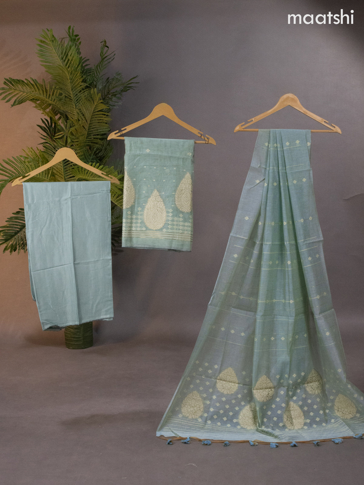 Munga cotton dress material pastel blue with thread & zari woven buttas and bottom & thread woven dupatta