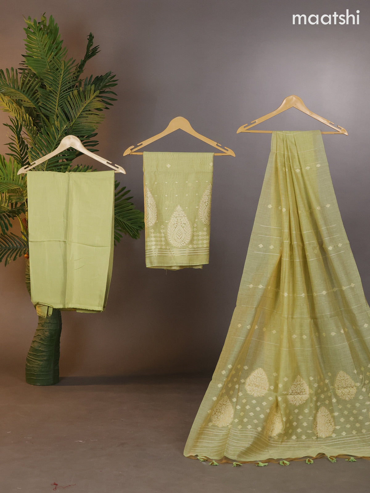 Munga cotton dress material pista green with thread & zari woven buttas and bottom & thread woven dupatta