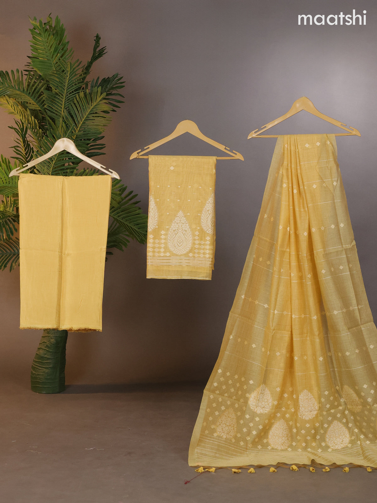 Munga cotton dress material yellow shade with thread & zari woven buttas and bottom & thread woven dupatta