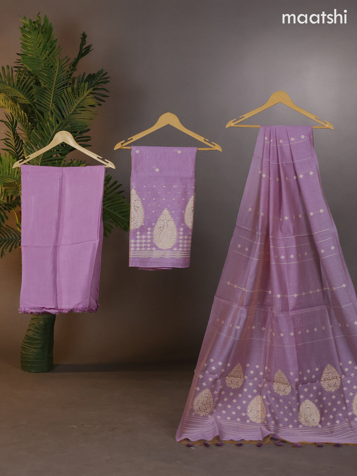 Munga cotton dress material lavender shade with thread & zari woven buttas and bottom & thread woven dupatta