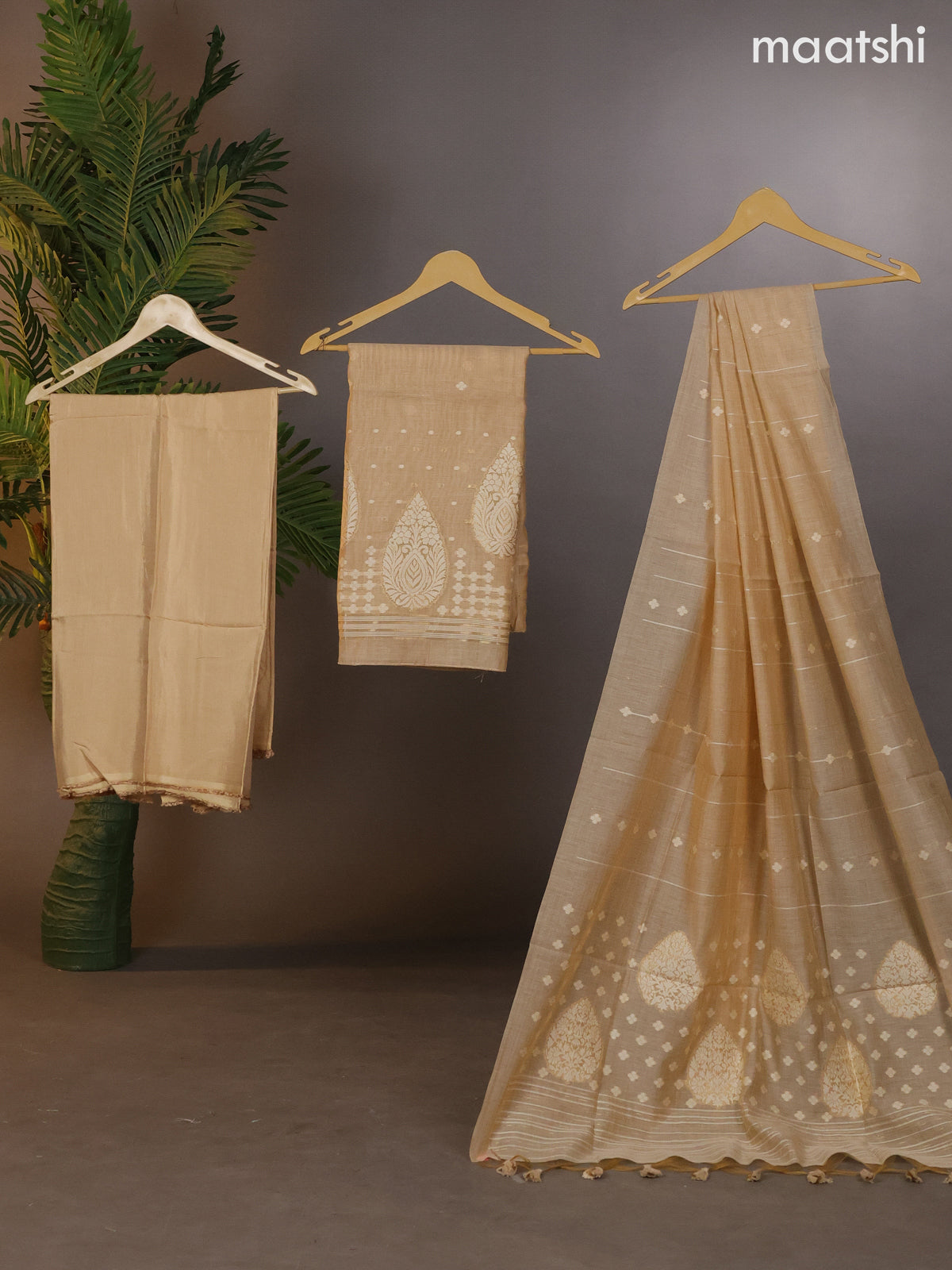 Munga cotton dress material sandal with thread & zari woven buttas and bottom & thread woven dupatta