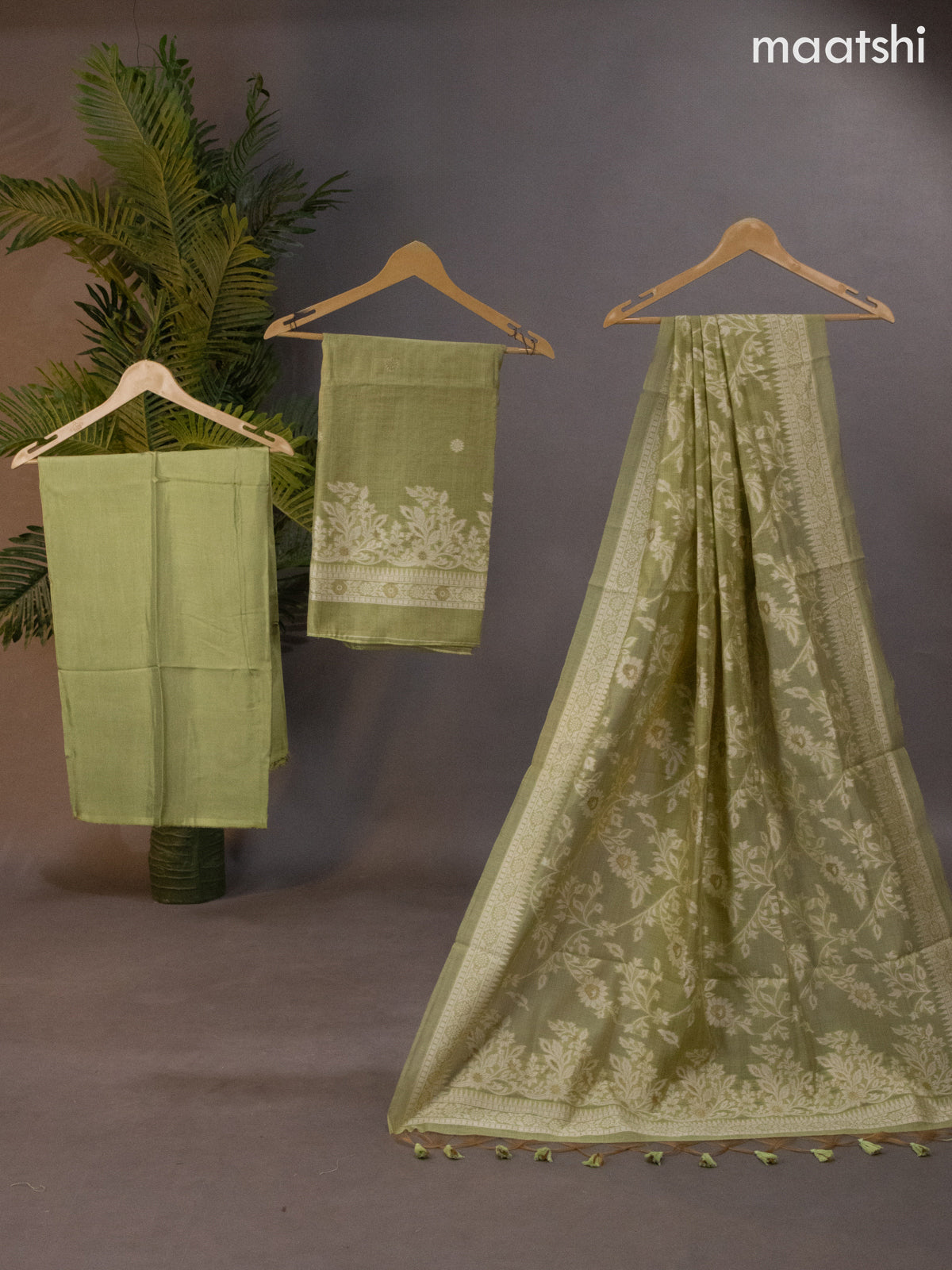 Munga cotton dress material pista green with thread & zari woven buttas and bottom & thread woven dupatta