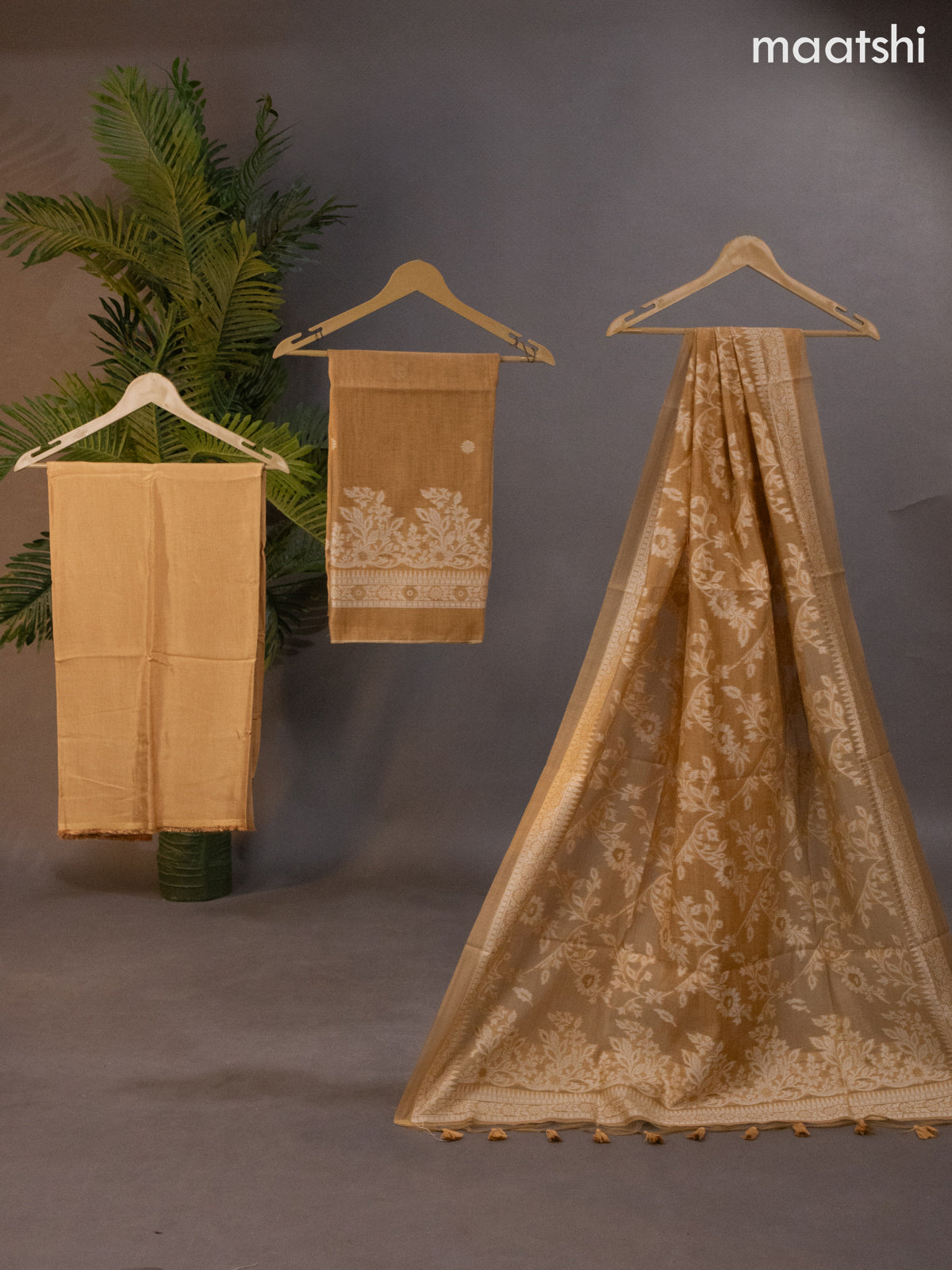 Munga cotton dress material mustard shade with thread & zari woven buttas and bottom & thread woven dupatta