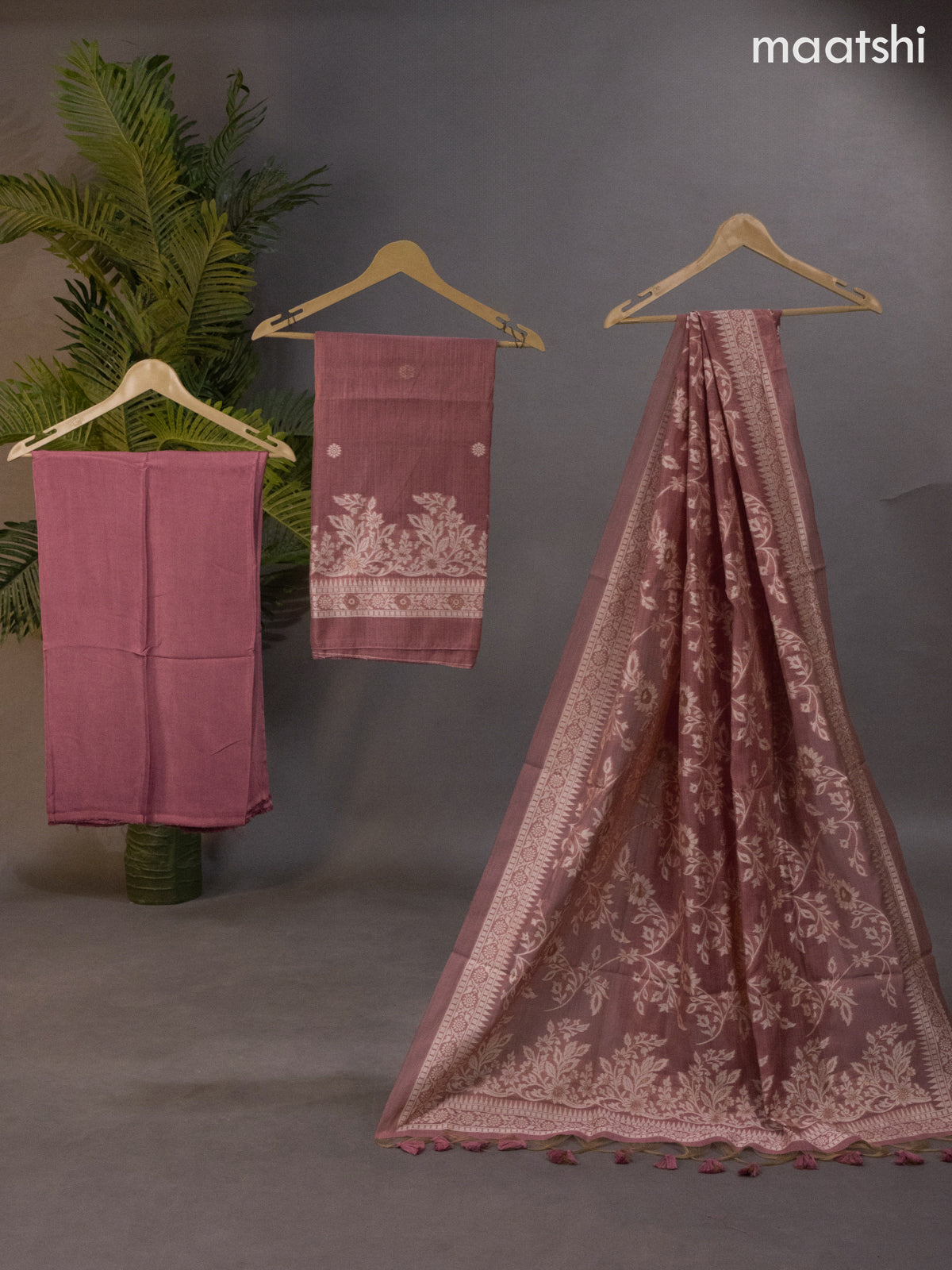 Munga cotton dress material peach shade with thread & zari woven buttas and bottom & thread woven dupatta