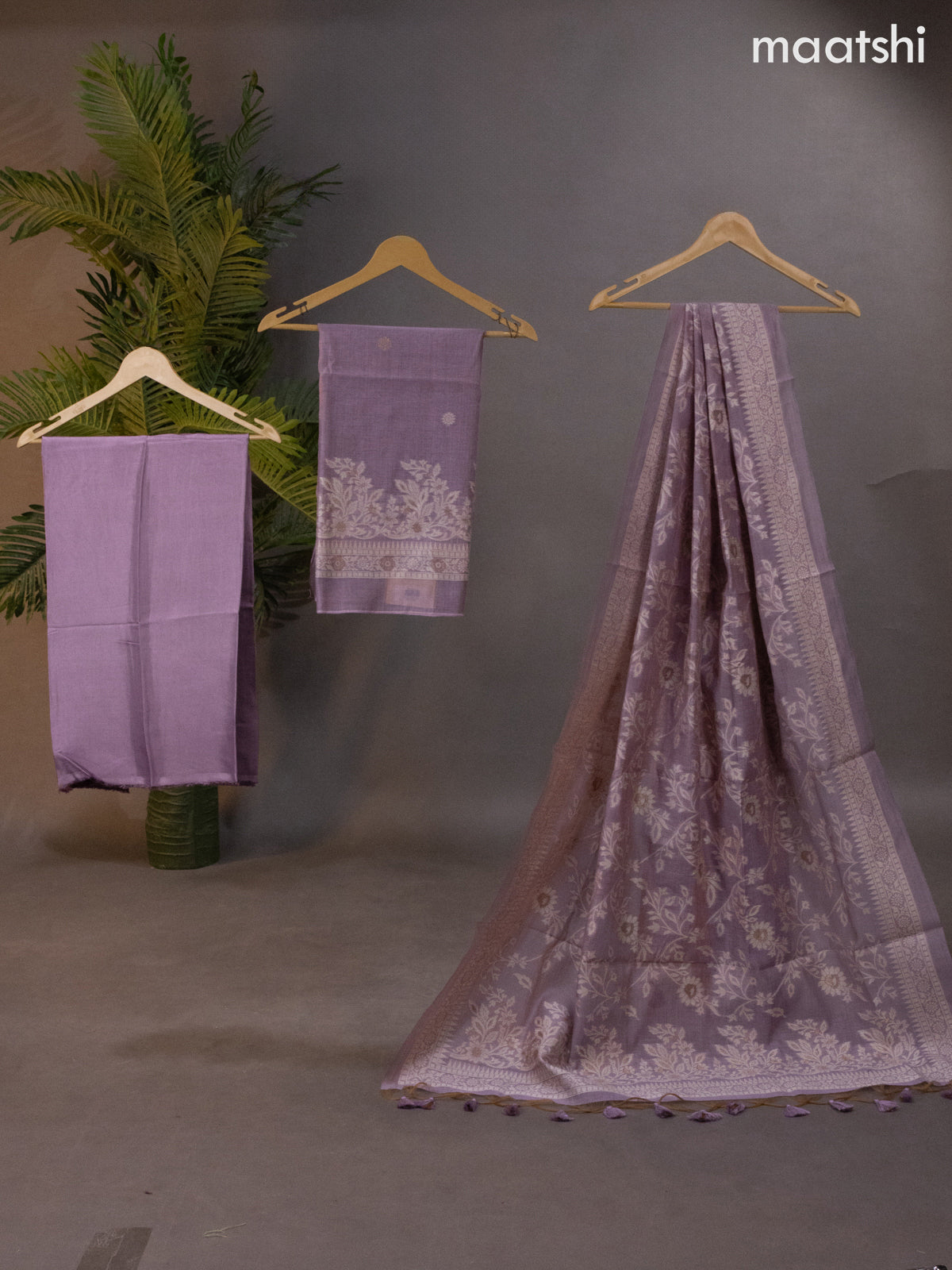 Munga cotton dress material lavender shade with thread & zari woven buttas and bottom & thread woven dupatta