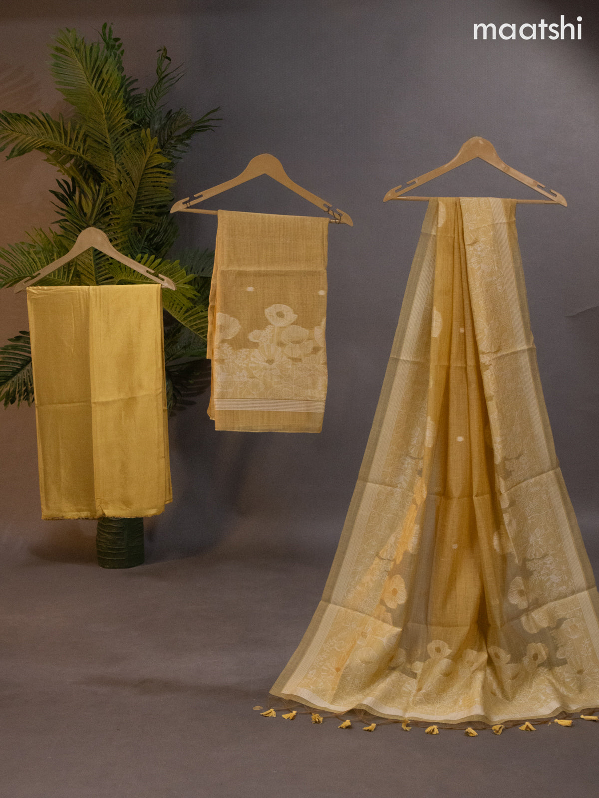 Munga cotton dress material yellow shade with thread & zari woven buttas and bottom & thread woven dupatta