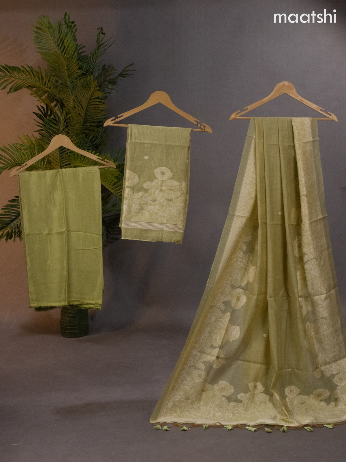 Munga cotton dress material pista green with thread & zari woven buttas and bottom & thread woven dupatta