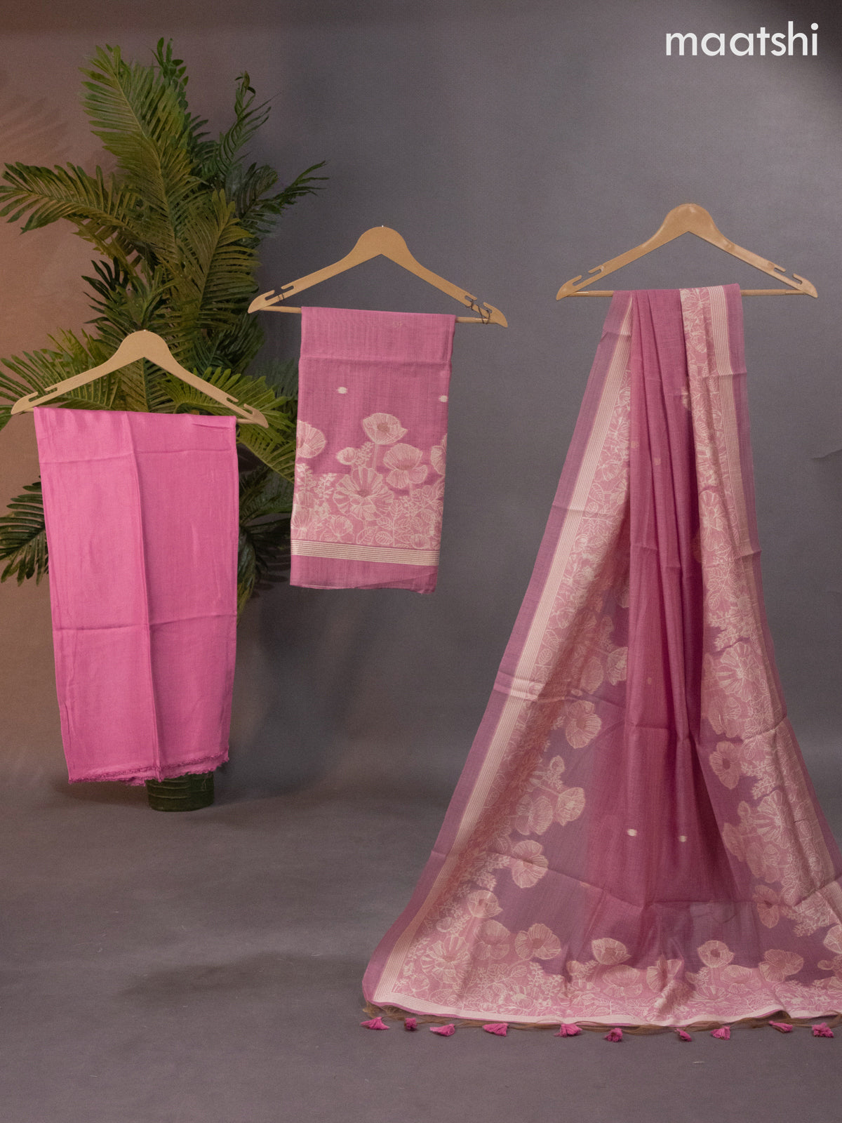 Munga cotton dress material peach pink with thread & zari woven buttas and bottom & thread woven dupatta