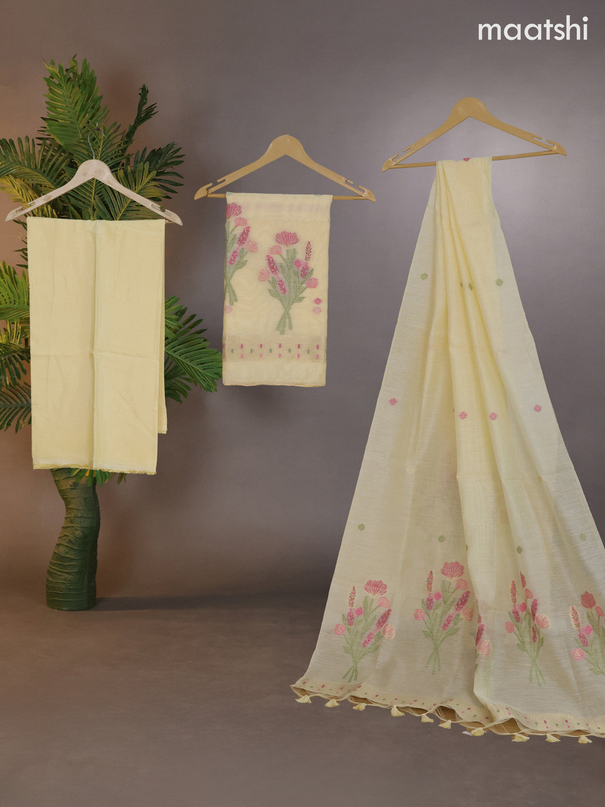 Munga cotton dress material pale yellow with thread & zari woven buttas and bottom & thread woven dupatta