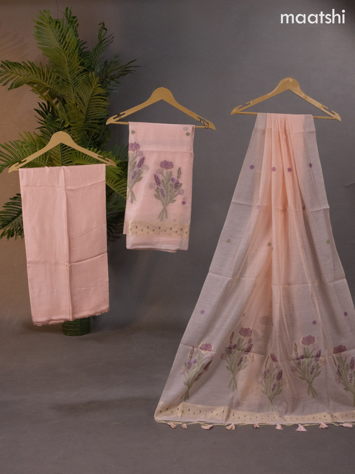 Munga cotton dress material mild peach shade with thread & zari woven buttas and bottom & thread woven dupatta
