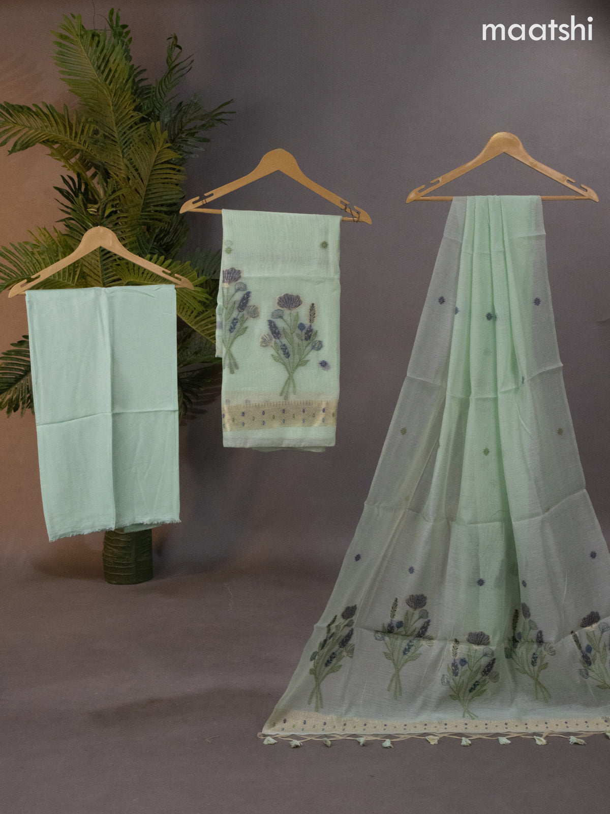 Munga cotton dress material pastel green with thread & zari woven buttas and bottom & thread woven dupatta