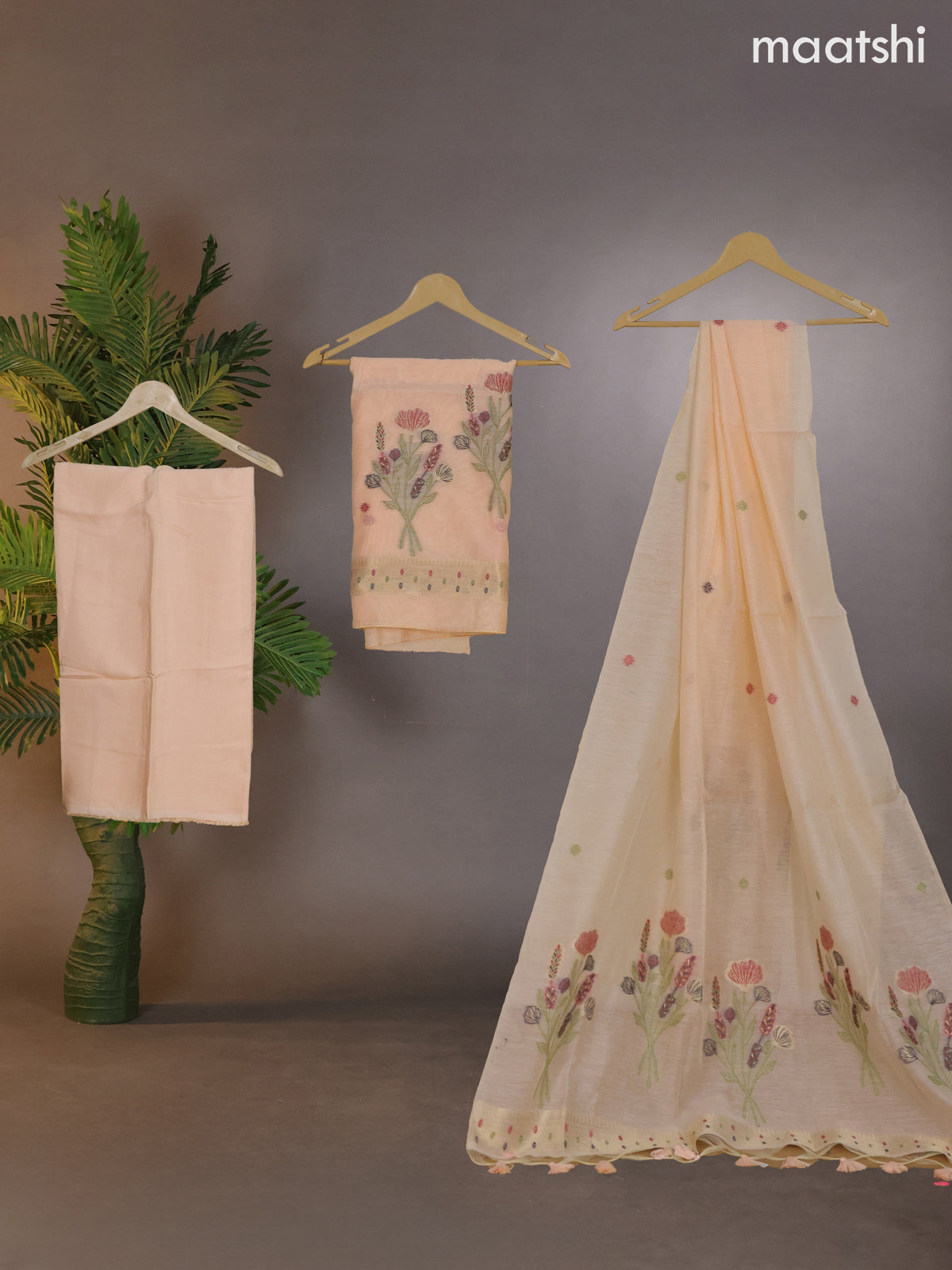 Munga cotton dress material pale orange with thread & zari woven buttas and bottom & thread woven dupatta