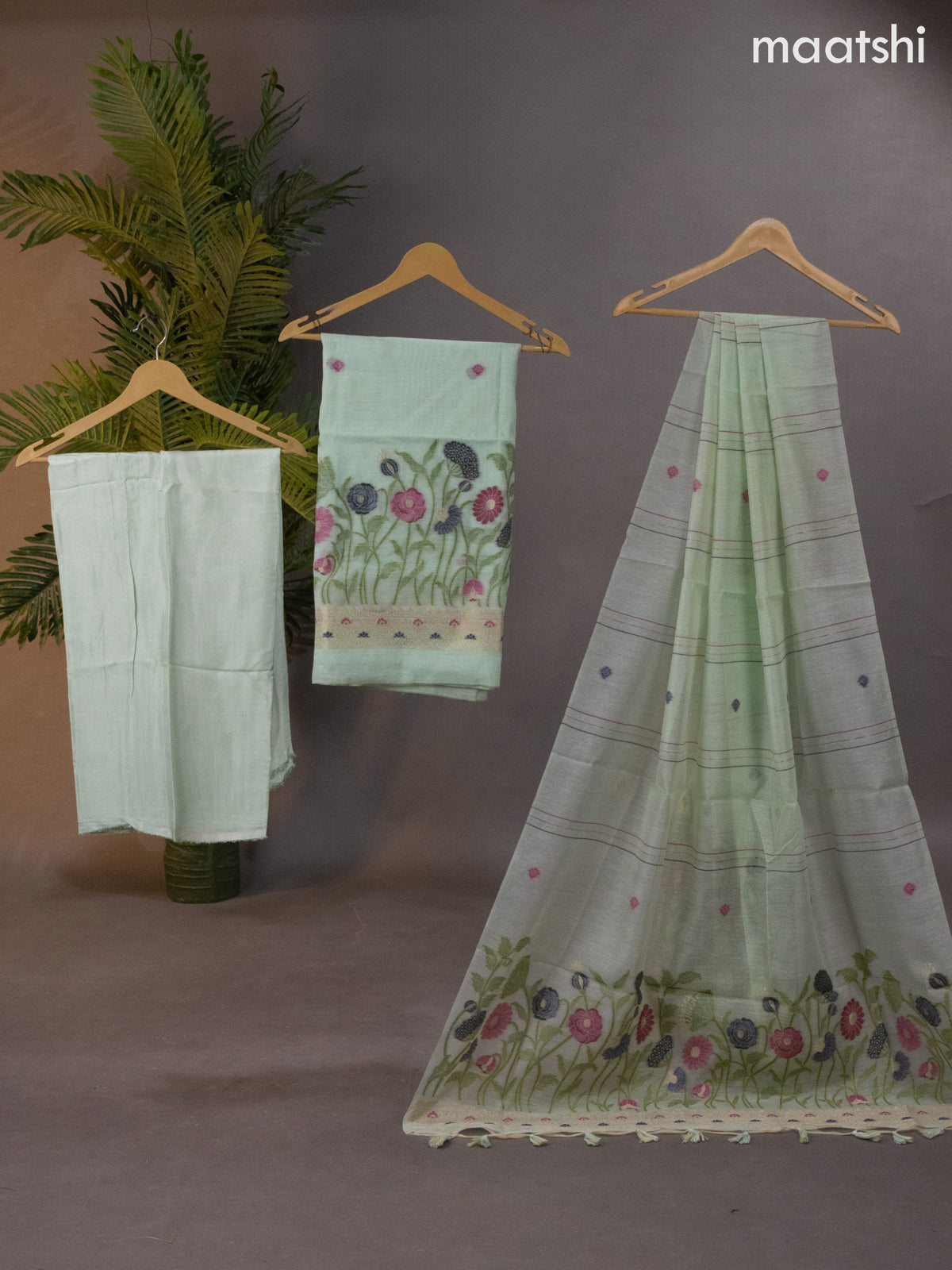 Munga cotton dress material pastel green with thread & zari woven buttas and bottom & thread woven dupatta