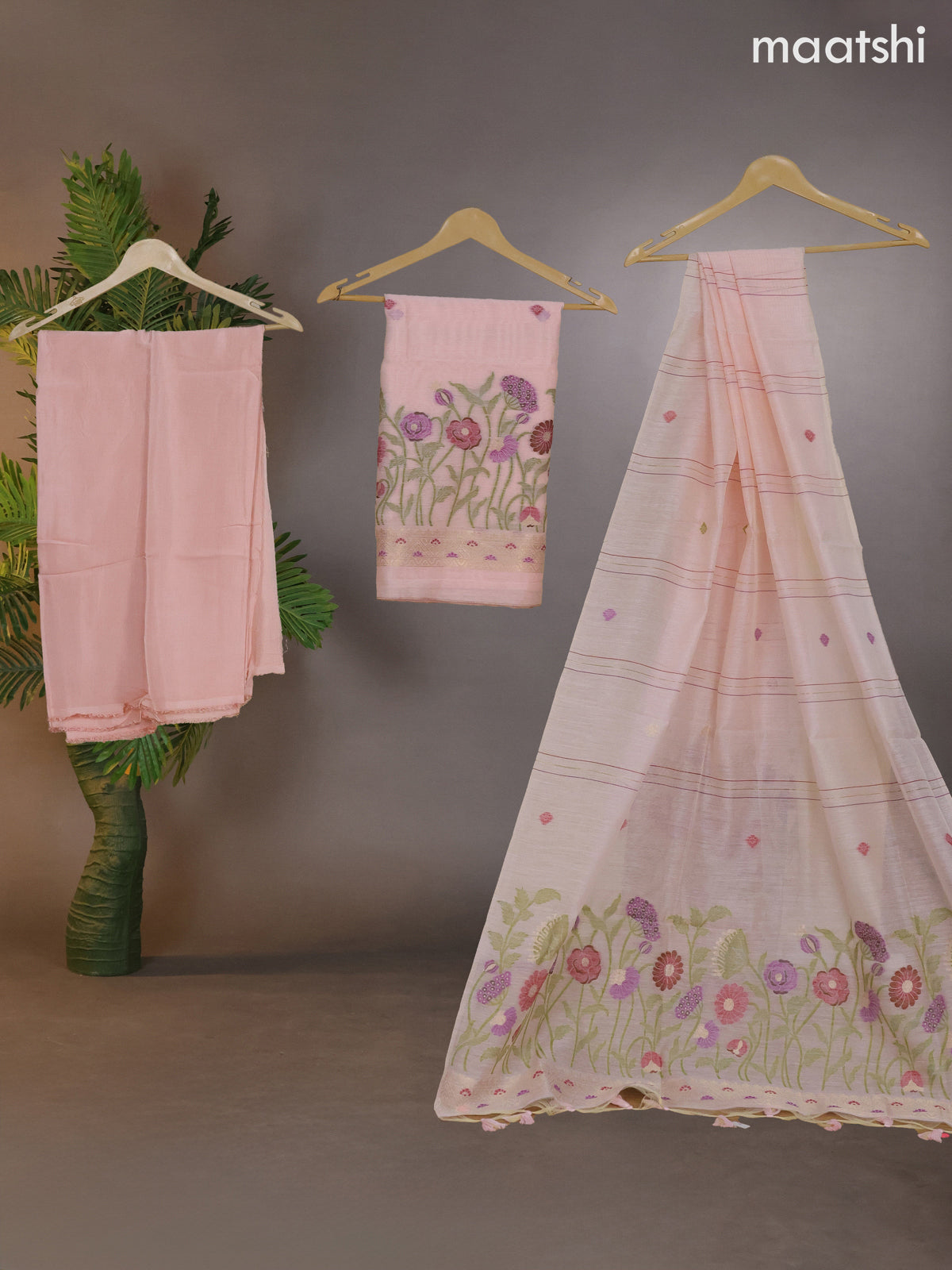 Munga cotton dress material mild peach shade with thread & zari woven buttas and bottom & thread woven dupatta