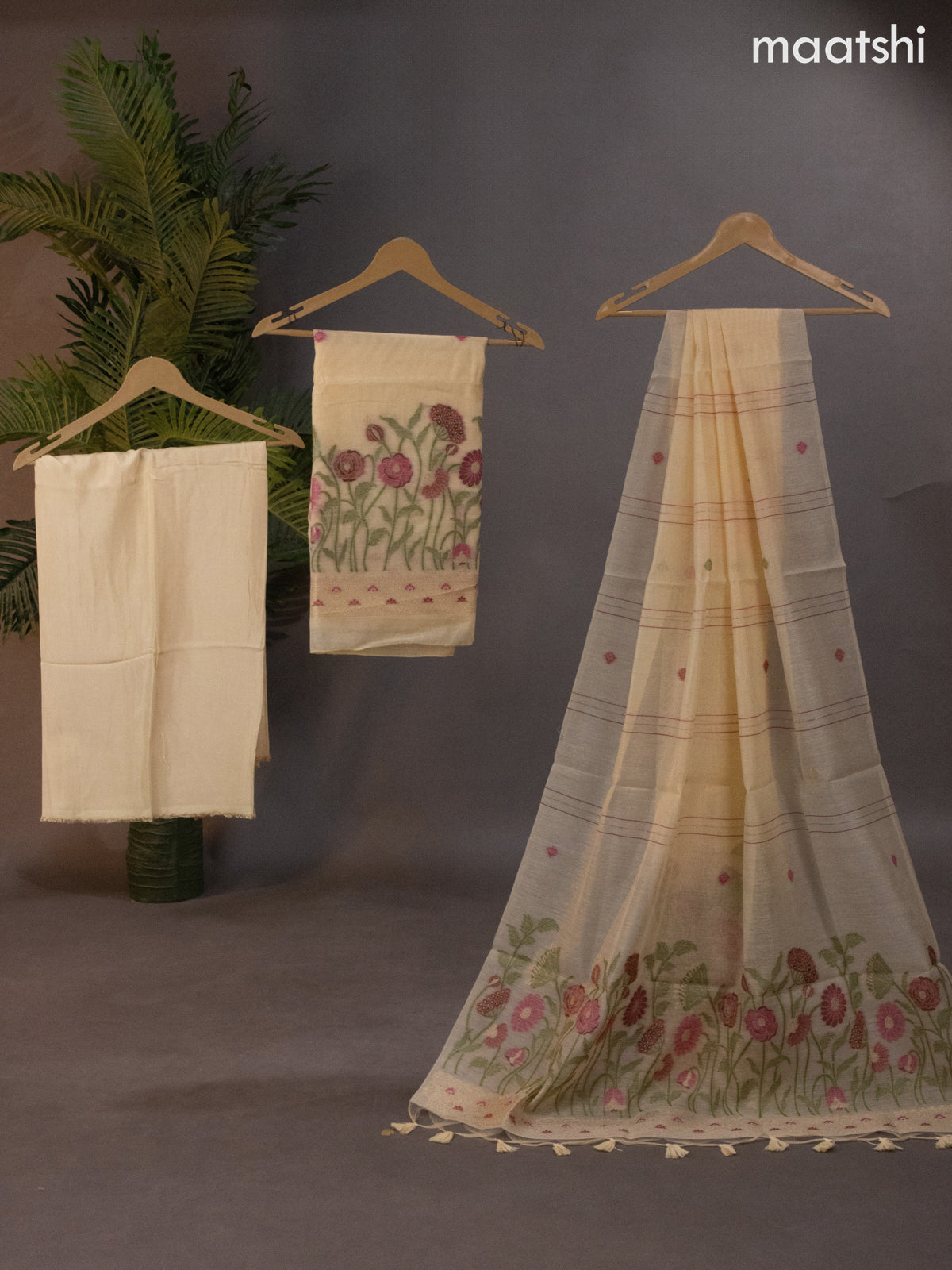 Munga cotton dress material pale yellow with thread & zari woven buttas and bottom & thread woven dupatta