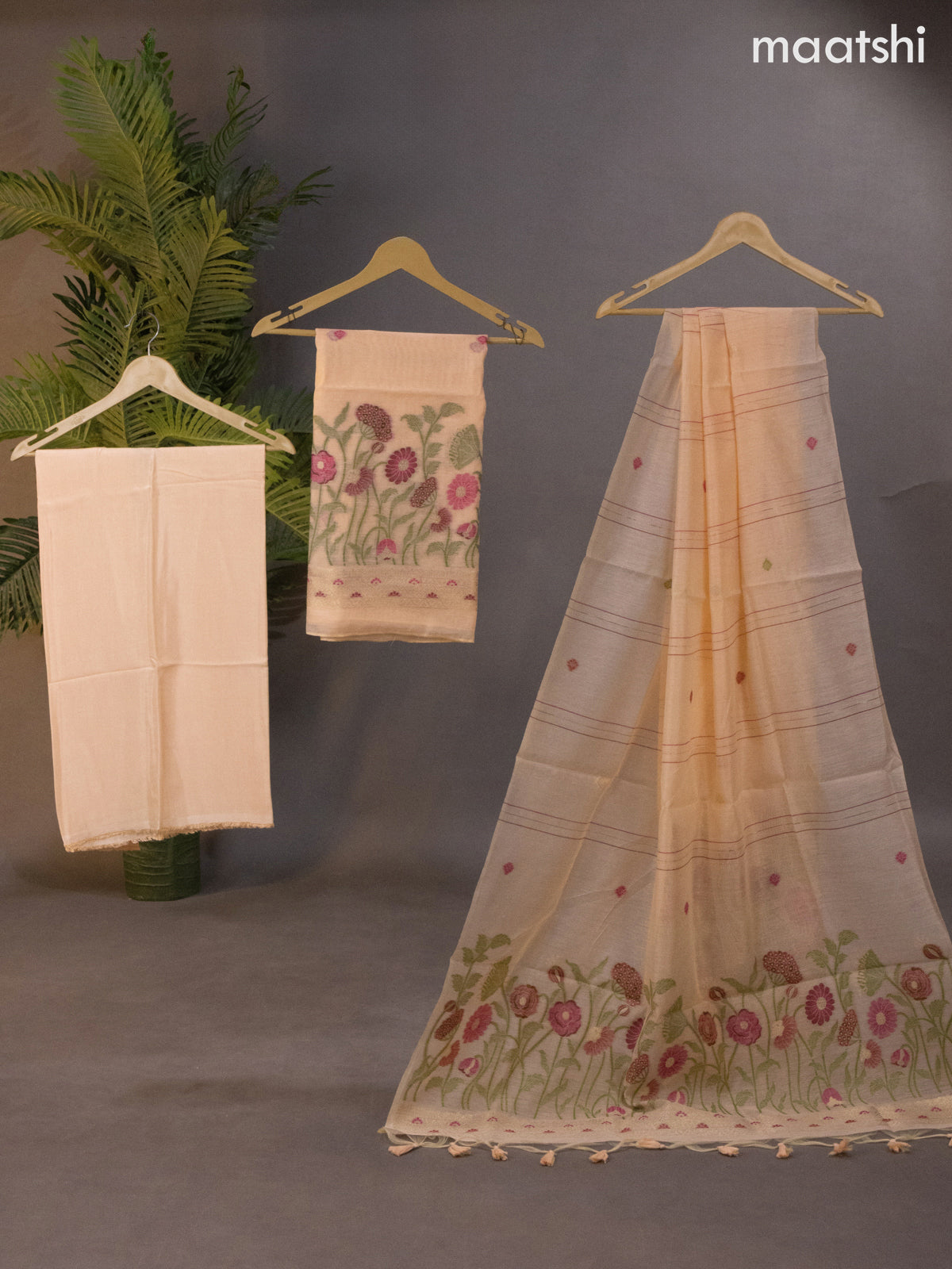 Munga cotton dress material pale orange with thread & zari woven buttas and bottom & thread woven dupatta