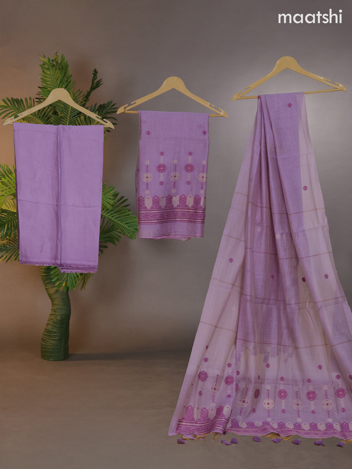 Munga cotton dress material lavender shade with thread & zari woven buttas and bottom & thread woven dupatta