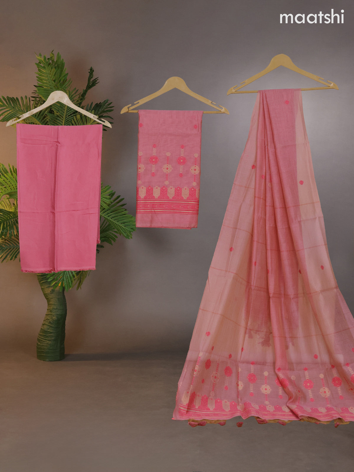 Munga cotton dress material peach pink with thread & zari woven buttas and bottom & thread woven dupatta
