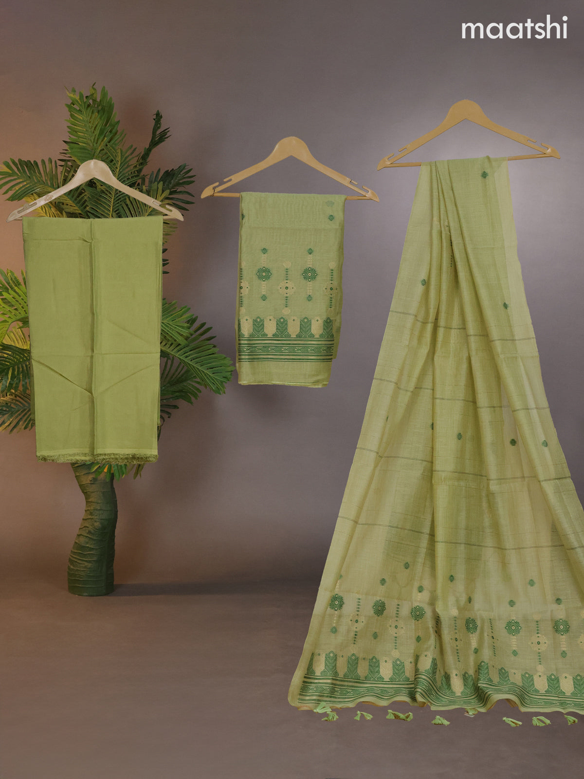 Munga cotton dress material pista green with thread & zari woven buttas and bottom & thread woven dupatta