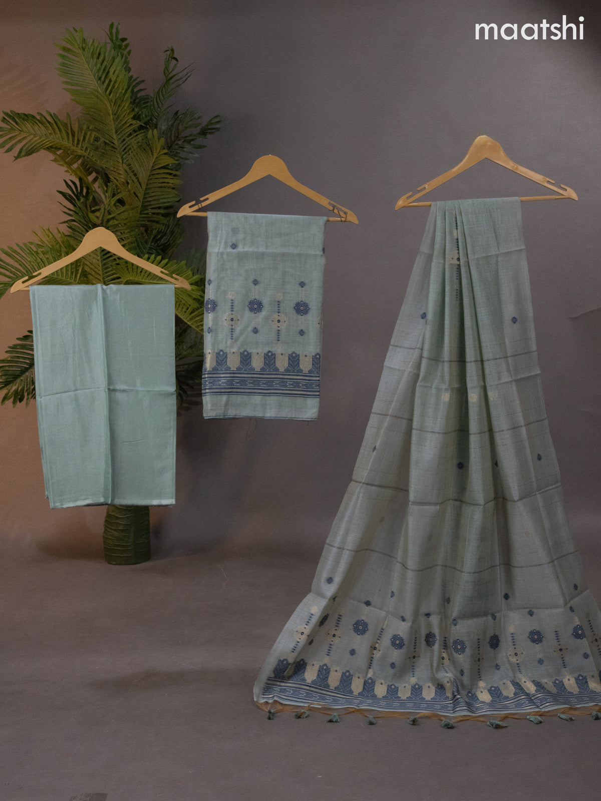 Munga cotton dress material pastel blue with thread & zari woven buttas and bottom & thread woven dupatta
