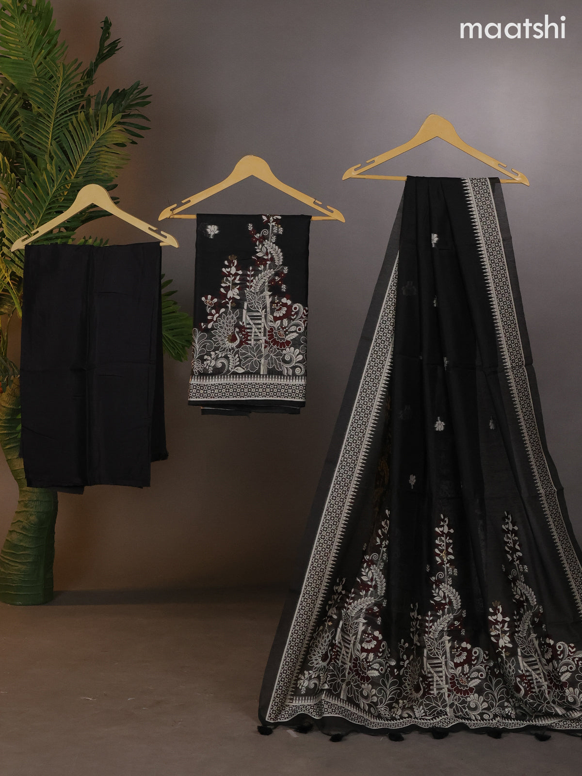 Munga cotton dress material black with thread & zari woven buttas and bottom & thread woven dupatta