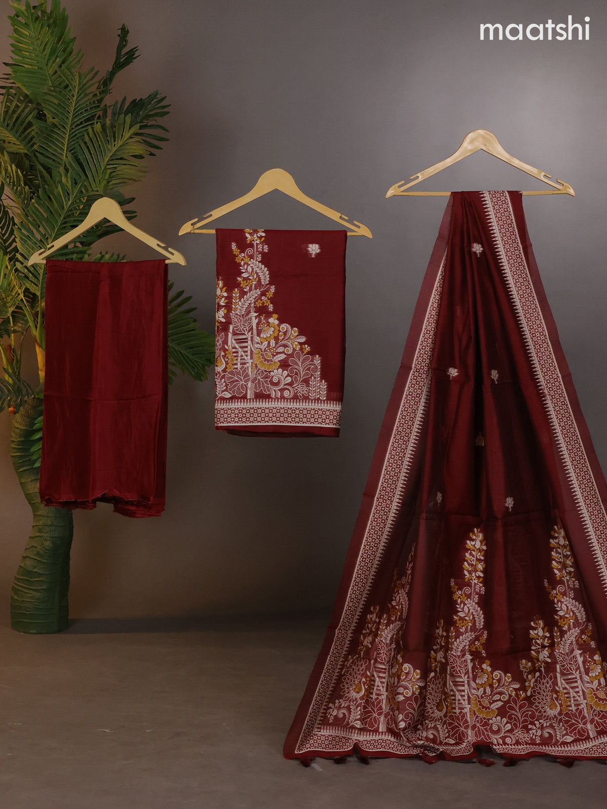 Munga cotton dress material dark maroon with thread & zari woven buttas and bottom & thread woven dupatta