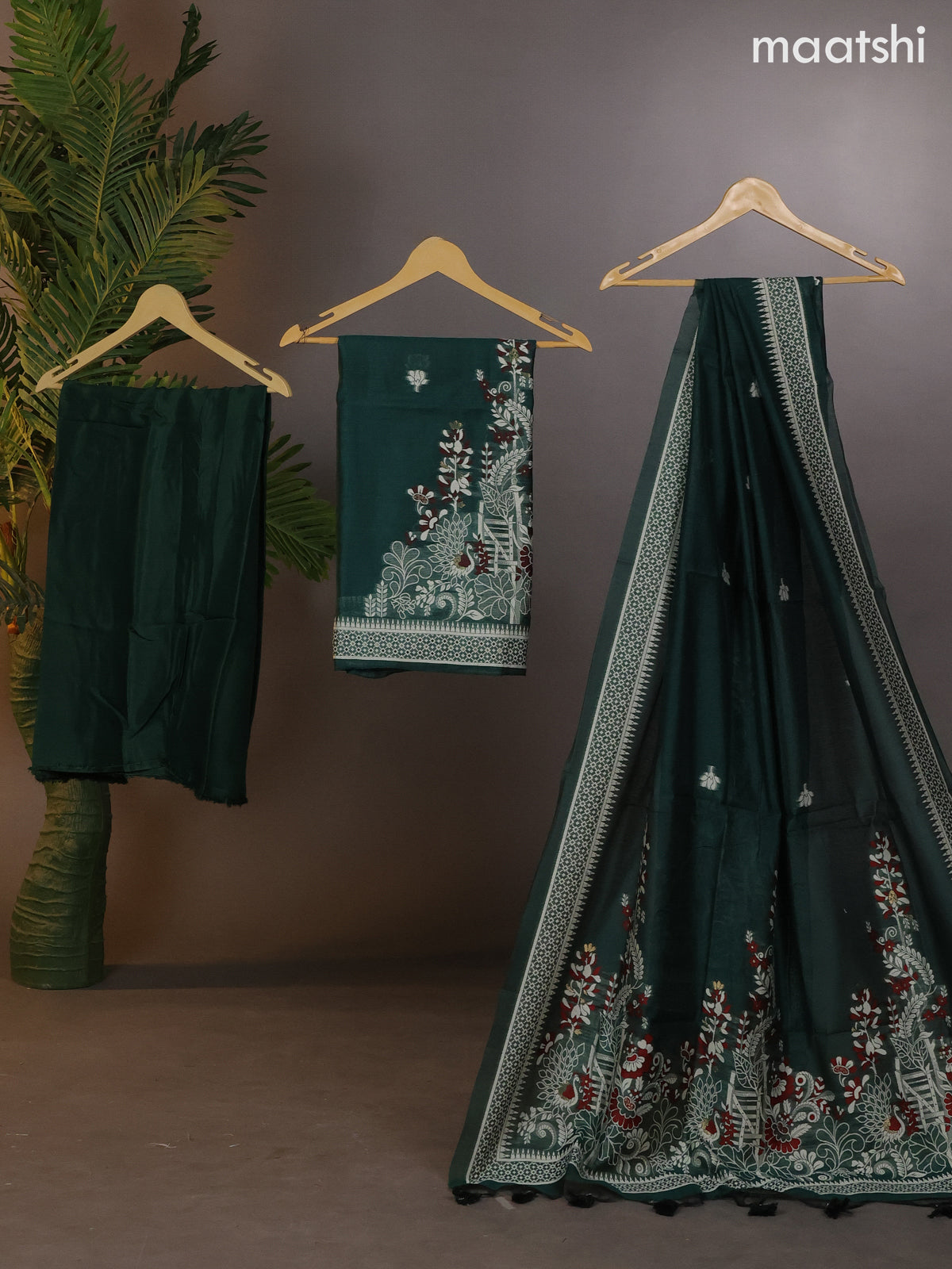 Munga cotton dress material dark green with thread & zari woven buttas and bottom & thread woven dupatta