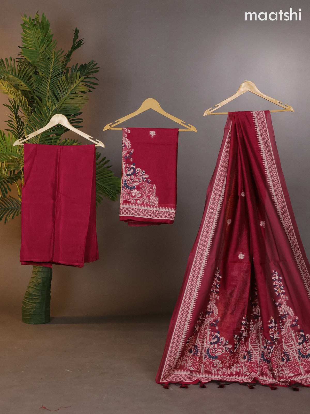 Munga cotton dress material dark magenta pink with thread & zari woven buttas and bottom & thread woven dupatta