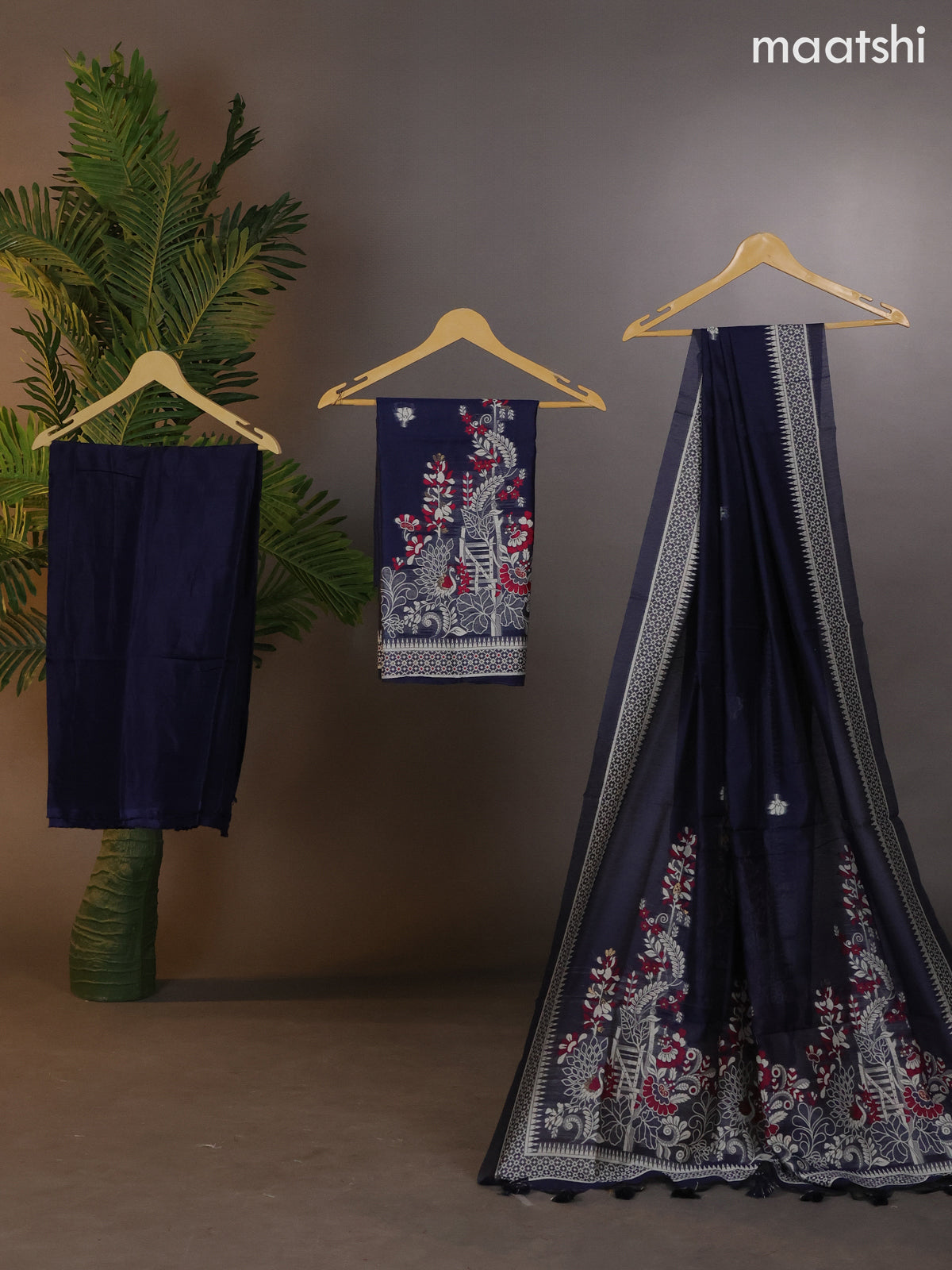 Munga cotton dress material deep navy blue with thread & zari woven buttas and bottom & thread woven dupatta