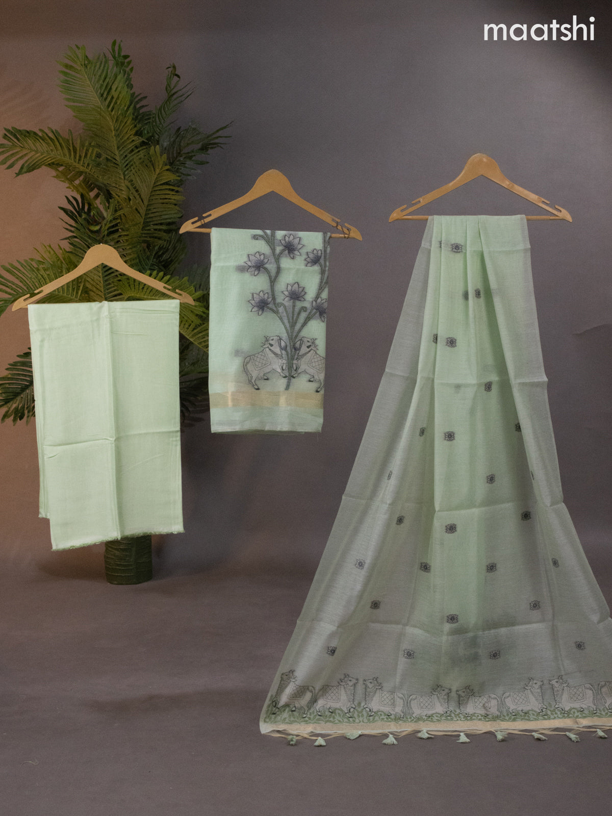 Munga cotton dress material pastel green with thread pichwai design weaves and bottom & thread woven dupatta