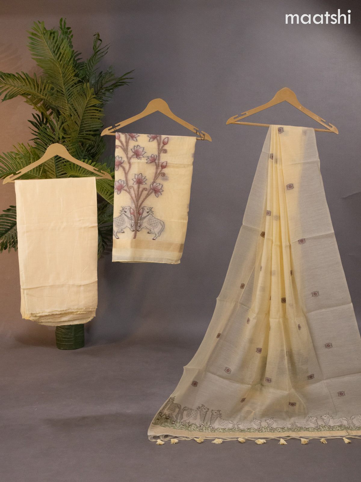 Munga cotton dress material pale yellow with thread pichwai design weaves and bottom & thread woven dupatta