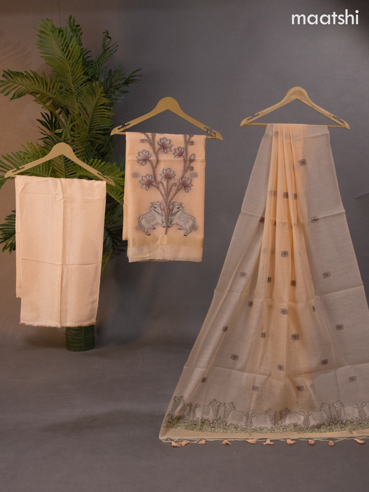 Munga cotton dress material pale orange with thread pichwai design weaves and bottom & thread woven dupatta