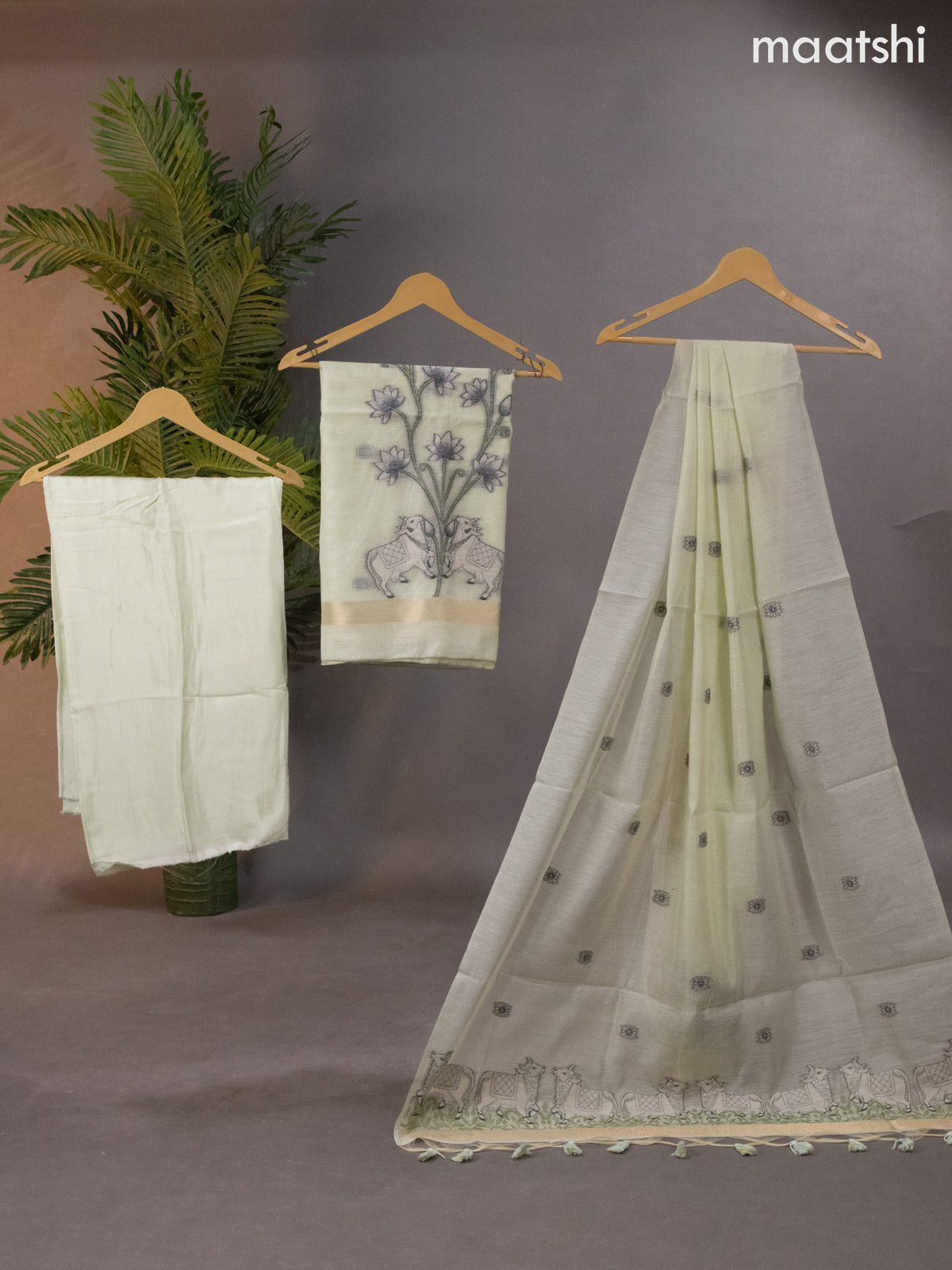 Munga cotton dress material mild pista green with thread pichwai design weaves and bottom & thread woven dupatta