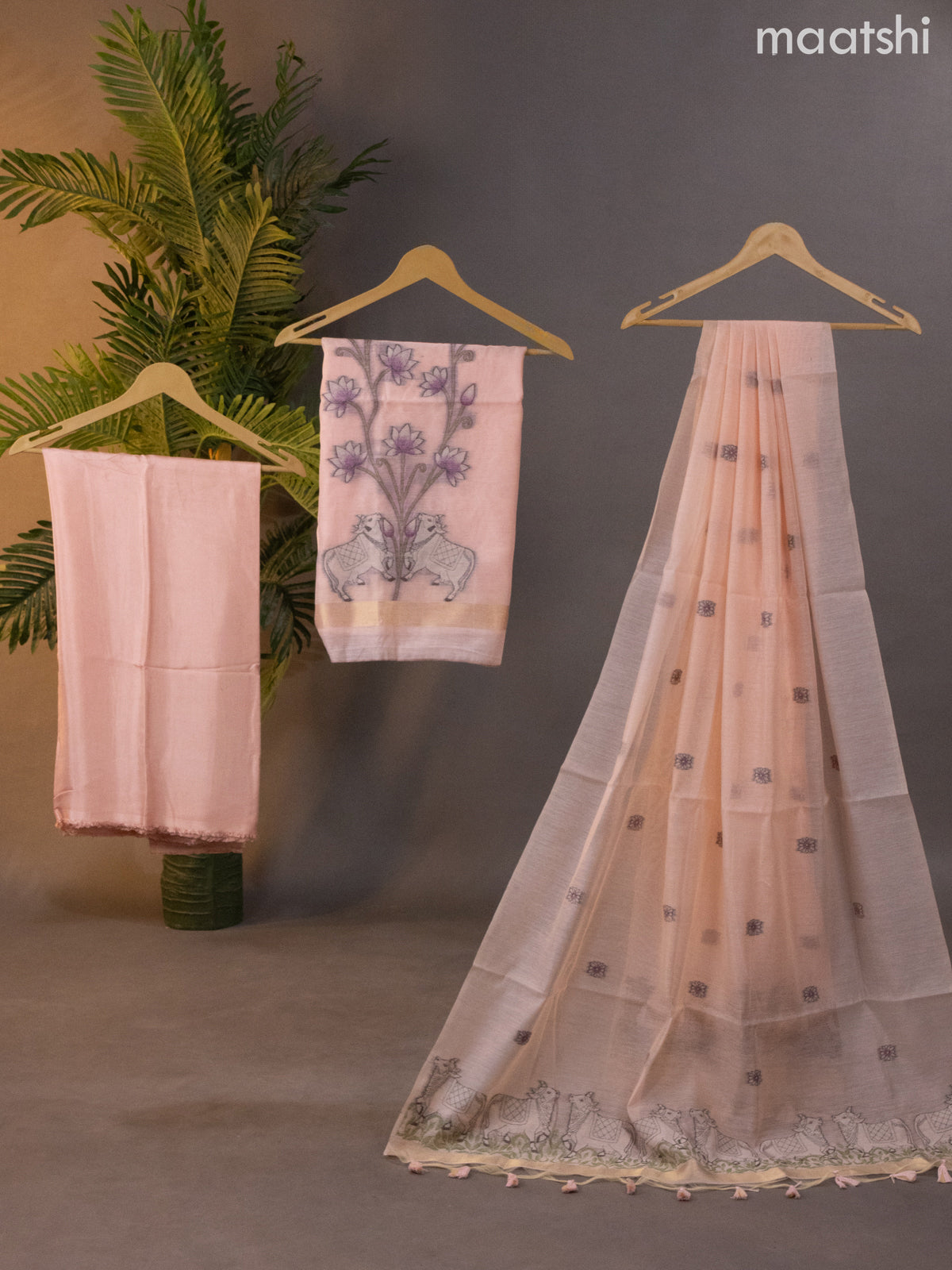 Munga cotton dress material mild peach shade with thread pichwai design weaves and bottom & thread woven dupatta