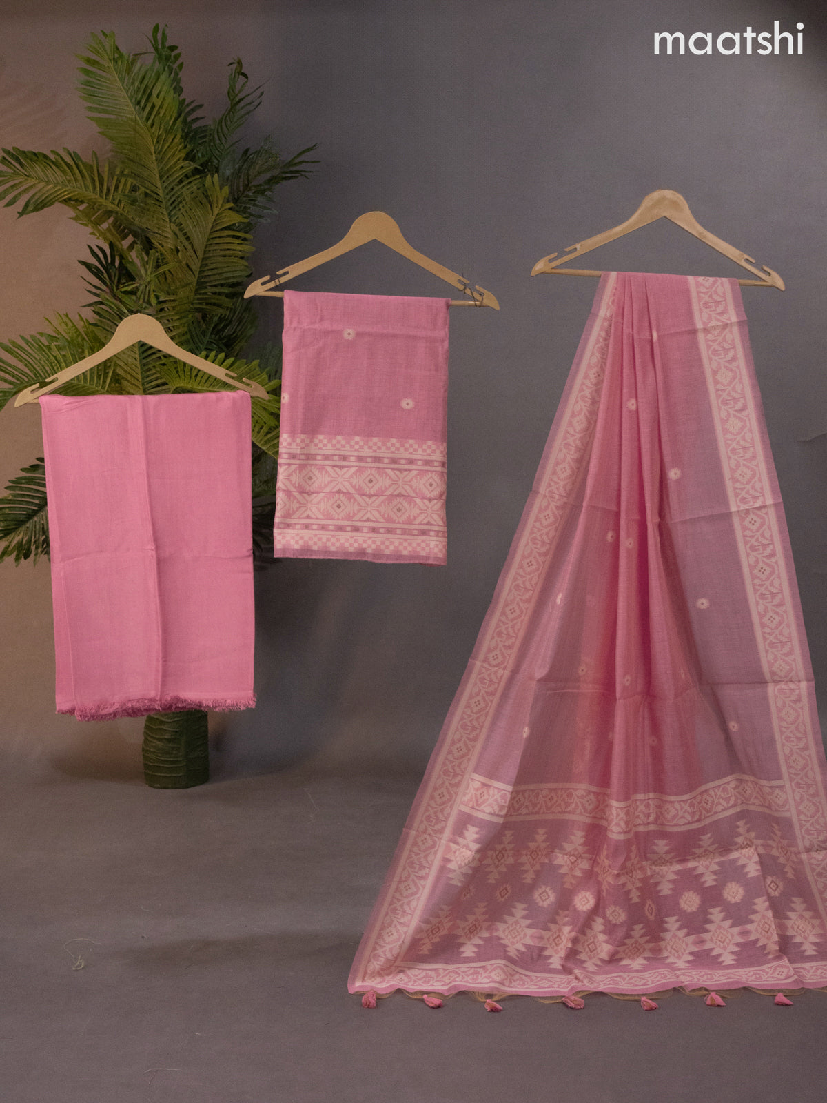 Munga cotton dress material peach pink with thread & zari woven buttas and bottom & thread woven dupatta