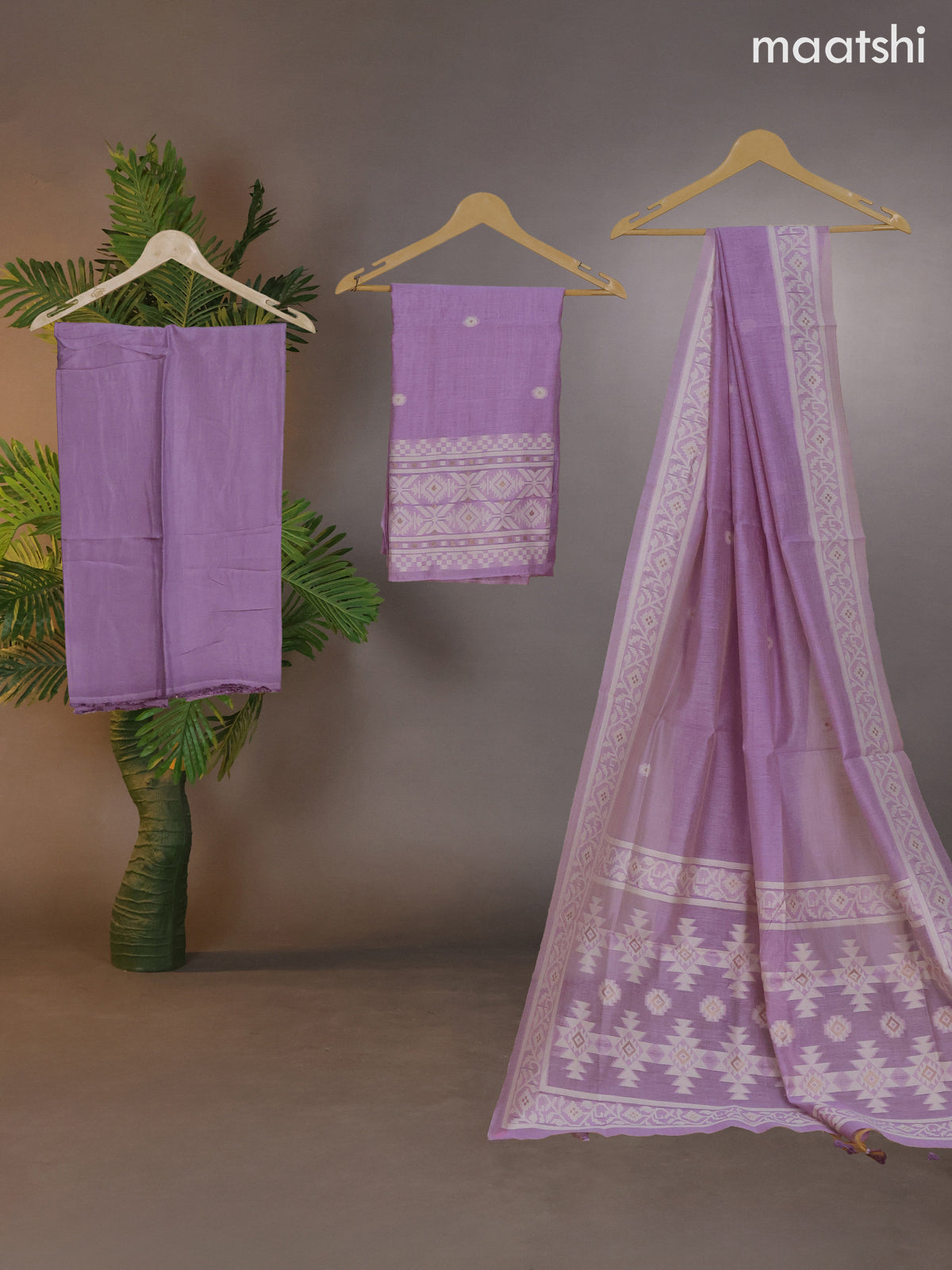 Munga cotton dress material lavender shade with thread & zari woven buttas and bottom & thread woven dupatta