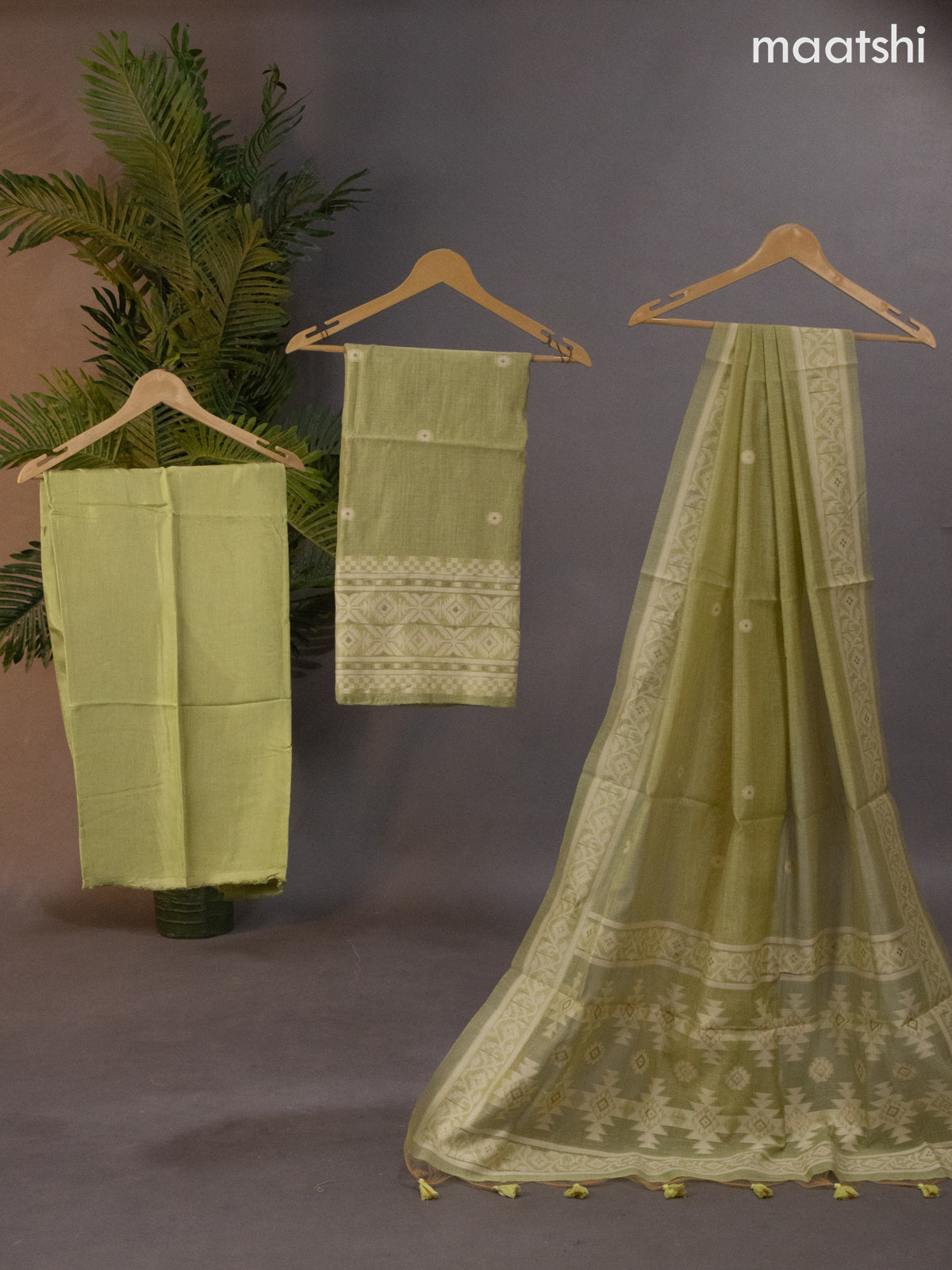 Munga cotton dress material pista green with thread & zari woven buttas and bottom & thread woven dupatta