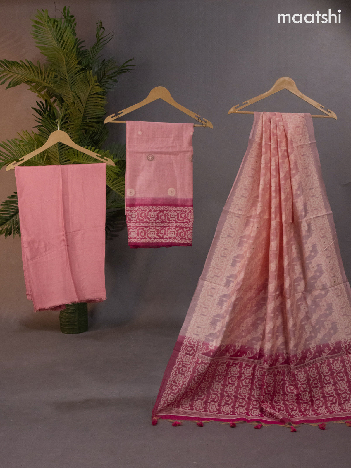 Munga cotton dress material peach pink and pink with thread & zari woven buttas and bottom & thread woven dupatta