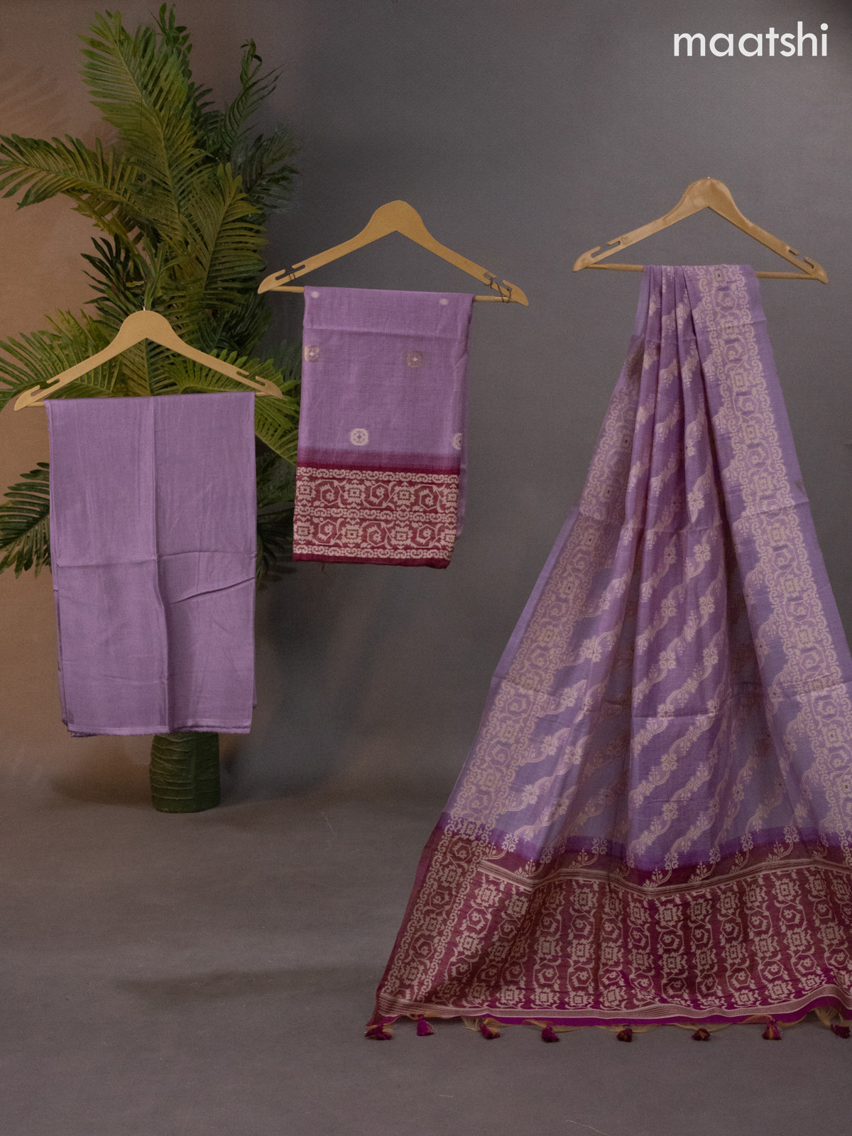 Munga cotton dress material lavender shade and maroon with thread & zari woven buttas and bottom & thread woven dupatta