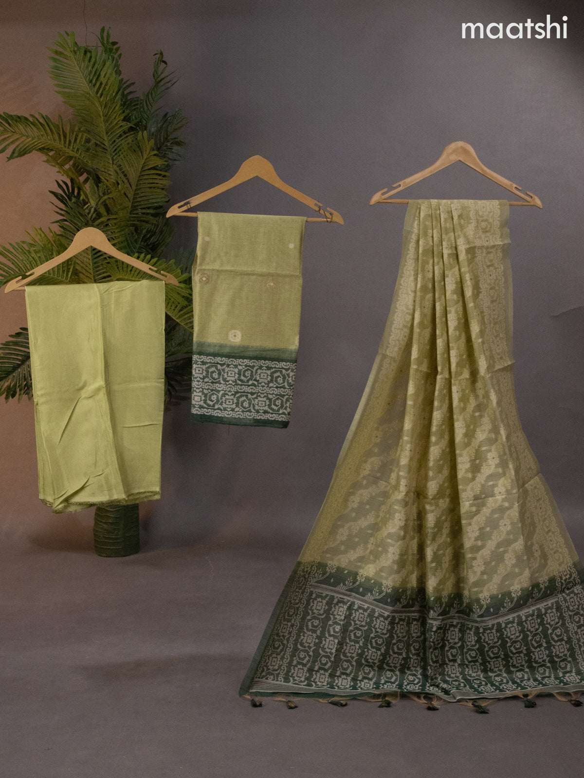 Munga cotton dress material pista green and green with thread & zari woven buttas and bottom & thread woven dupatta