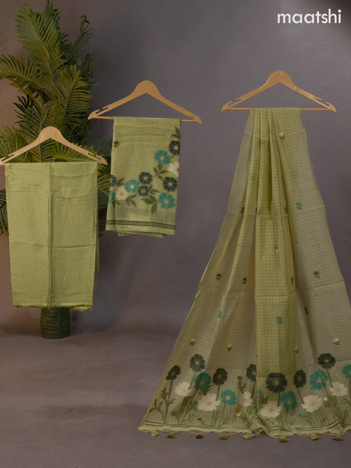 Munga cotton dress material light green with thread & zari woven buttas and bottom & thread woven dupatta