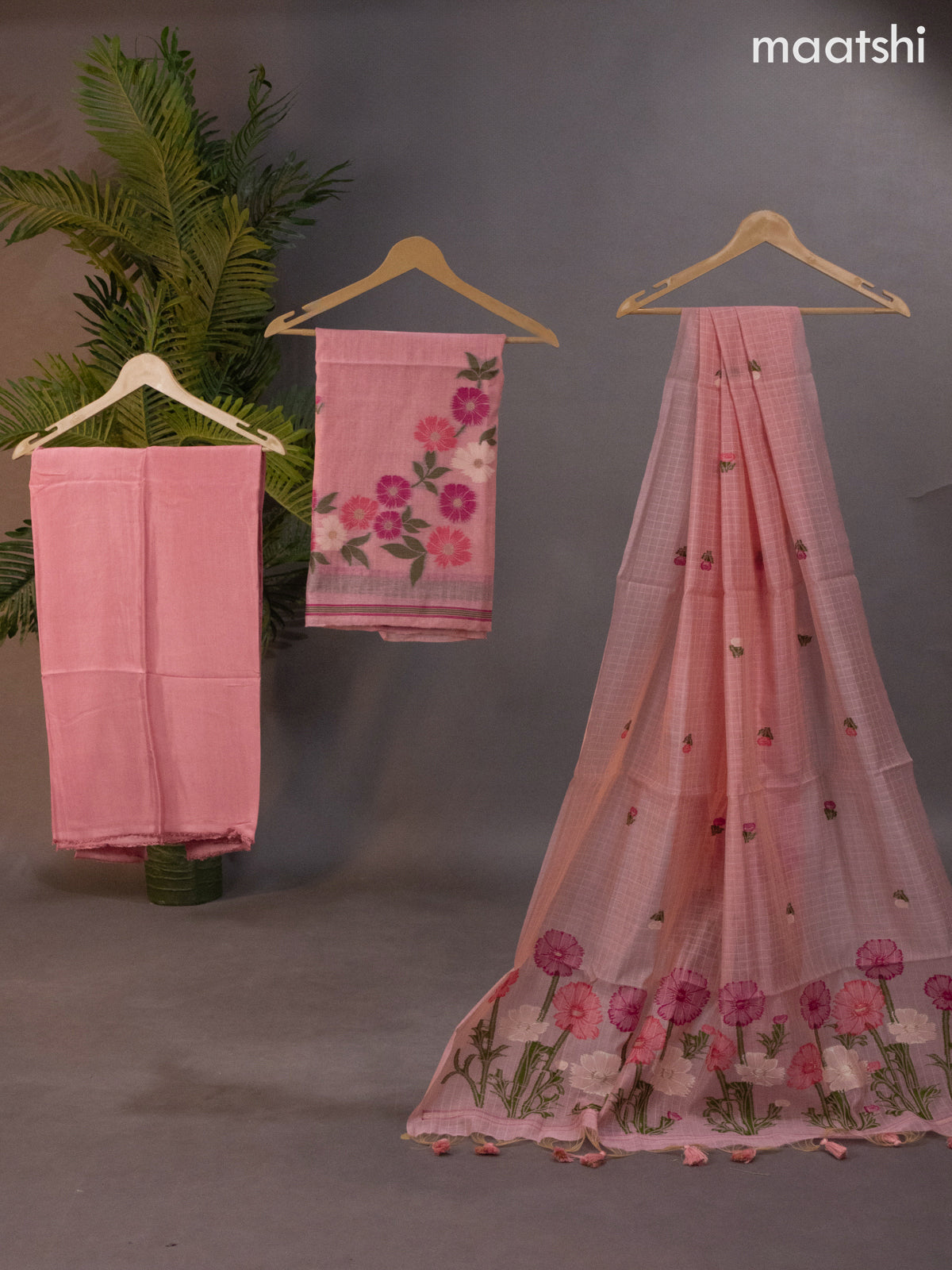 Munga cotton dress material peach pink with thread & zari woven buttas and bottom & thread woven dupatta