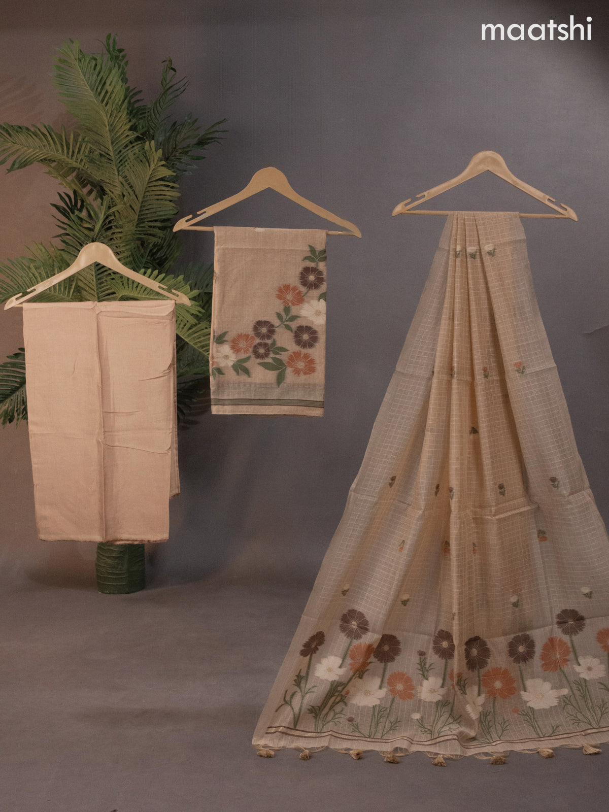 Munga cotton dress material sandal with thread & zari woven buttas and bottom & thread woven dupatta